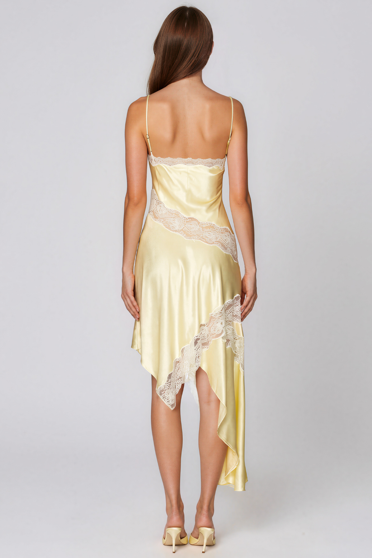 Bess Spaghetti Lace Satin Asymmetric Maxi Dress