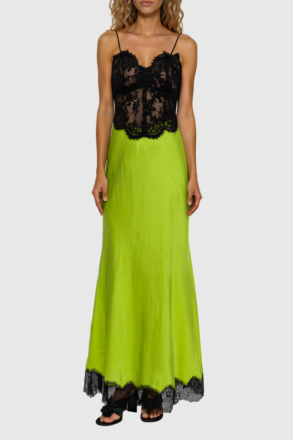 Bess Spaghetti Lace Satin Maxi Dress In Green