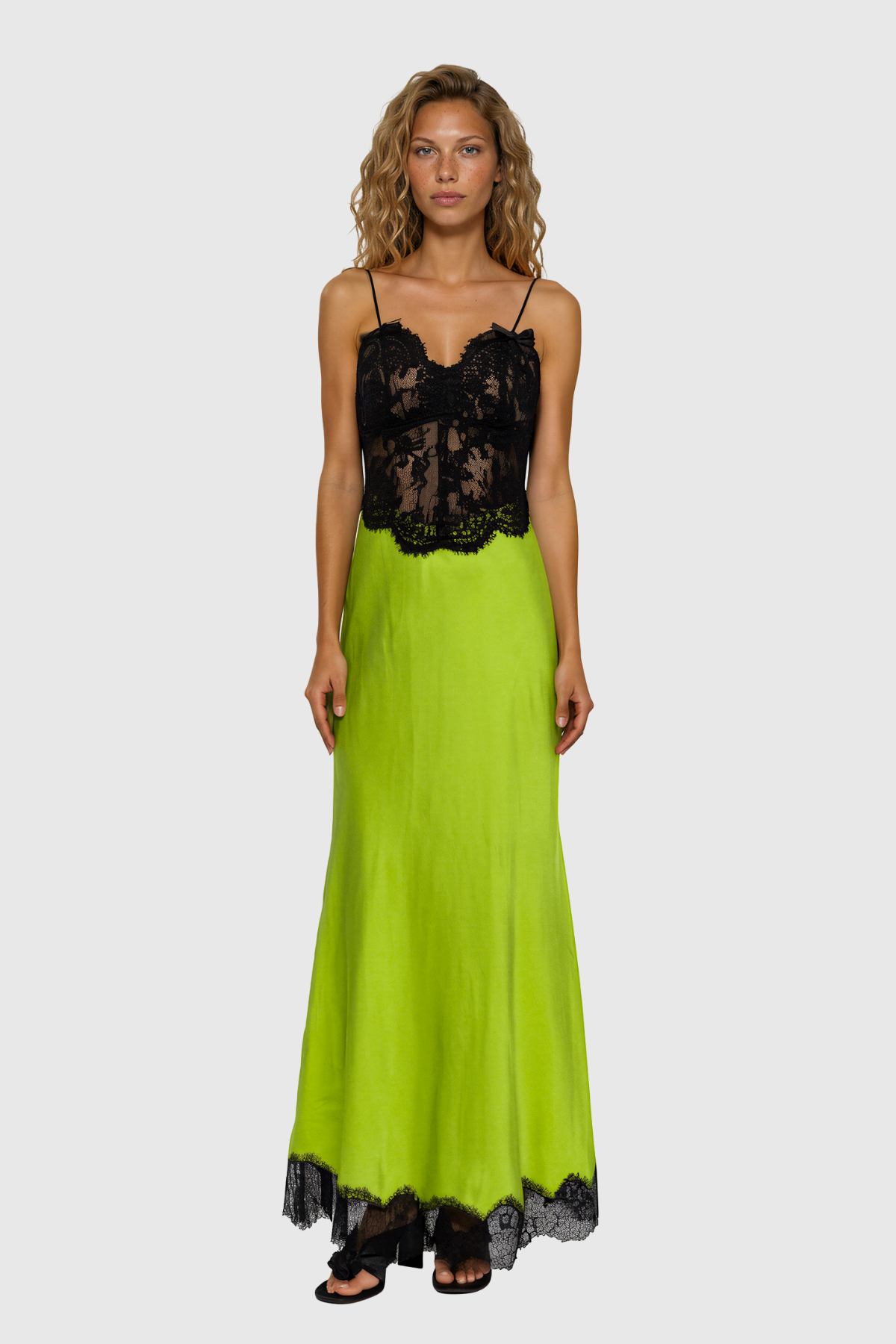 Bess Spaghetti Lace Satin Maxi Dress In Green