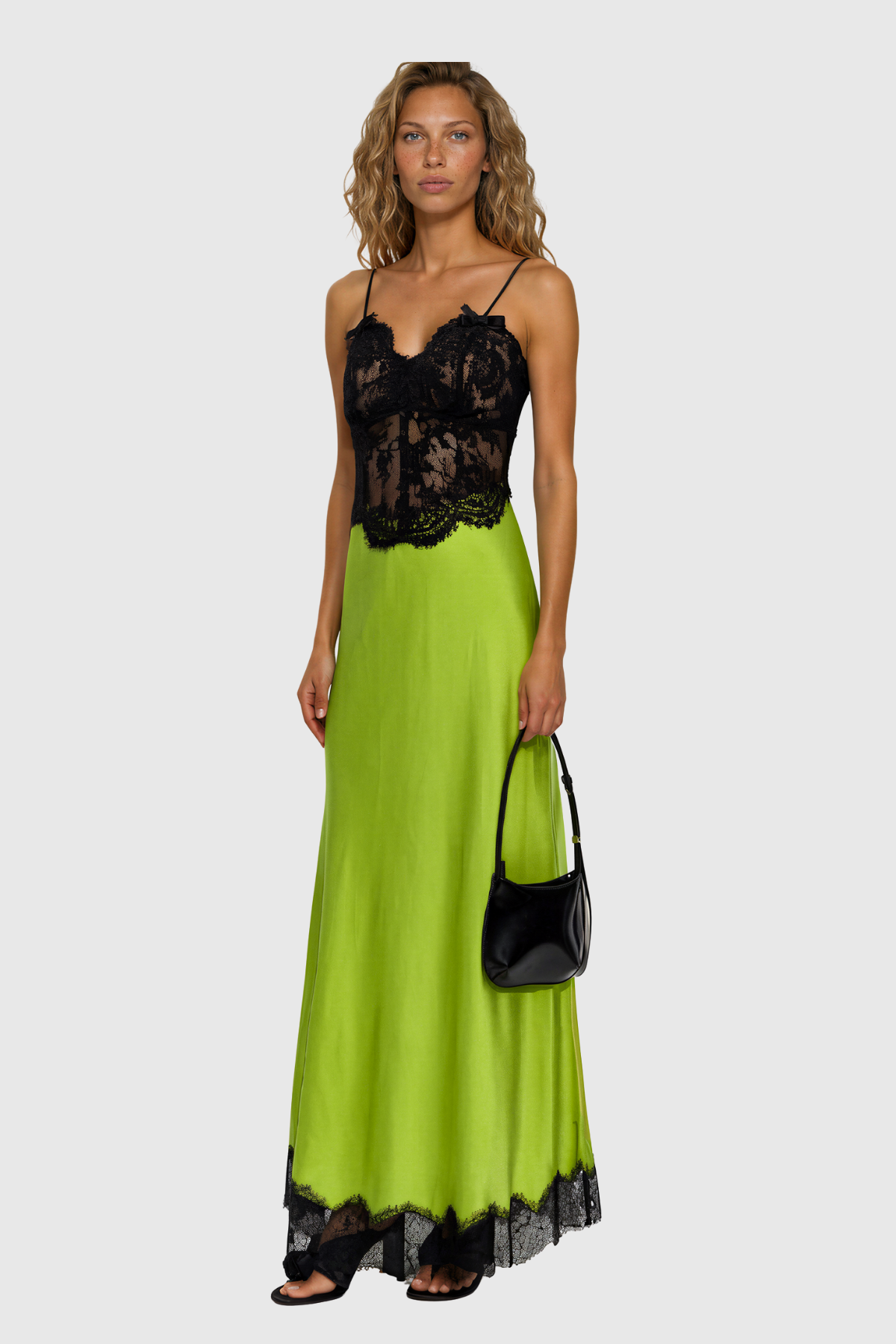 Bess Spaghetti Lace Satin Maxi Dress In Green