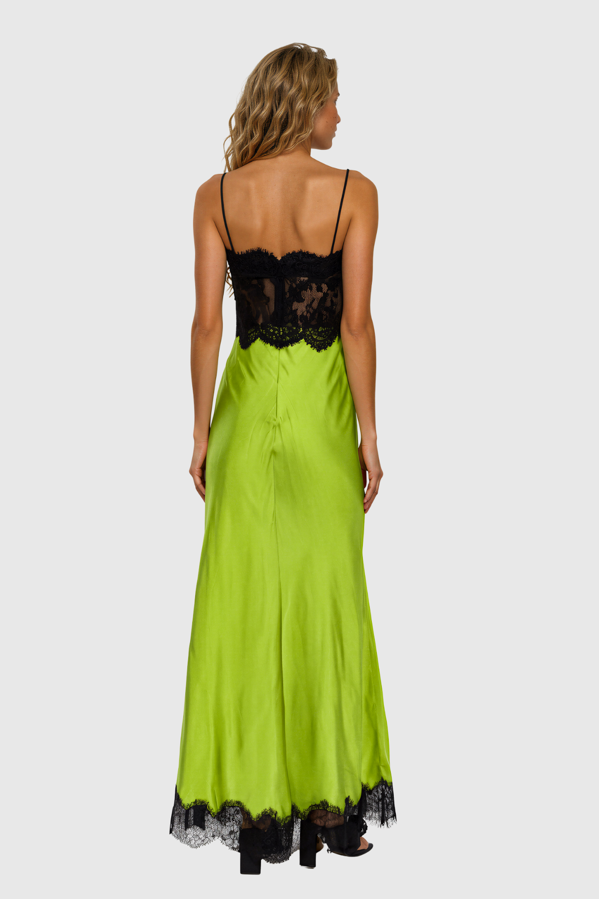 Bess Spaghetti Lace Satin Maxi Dress In Green