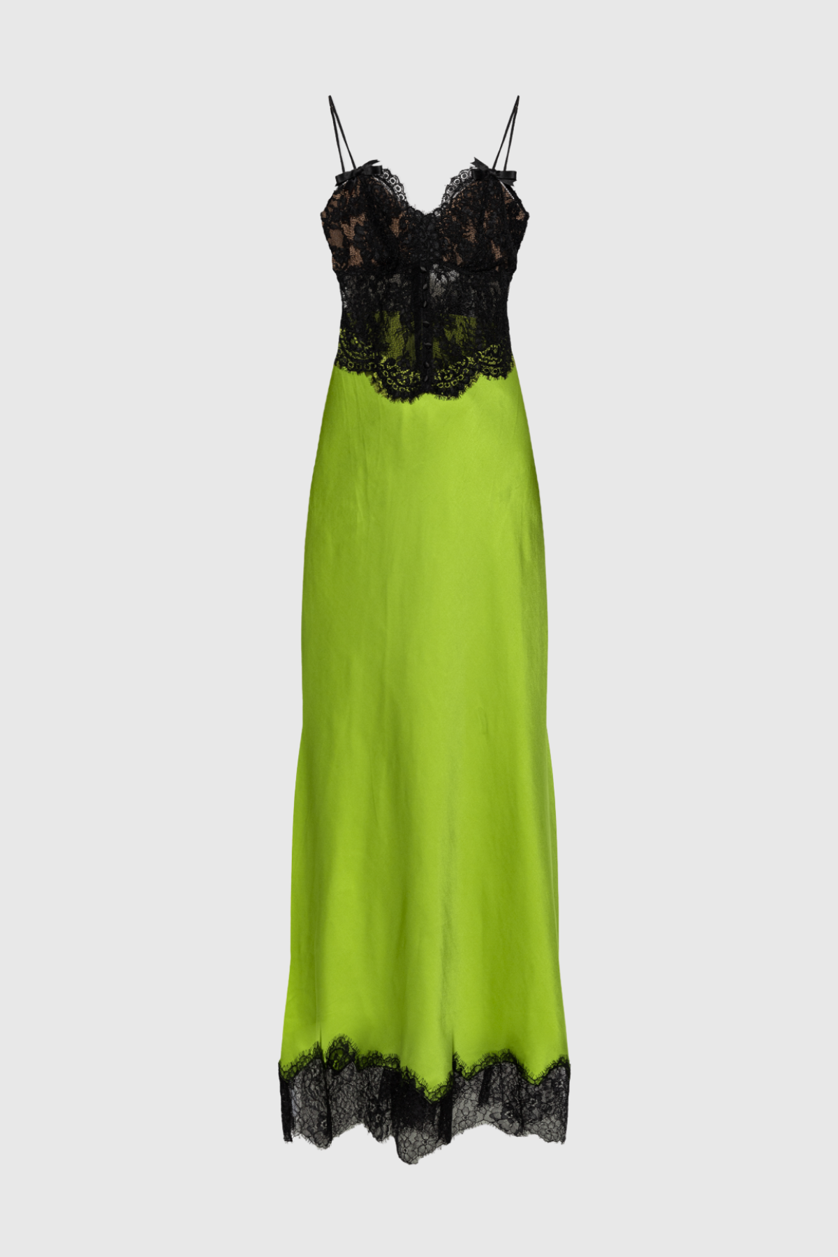 Bess Spaghetti Lace Satin Maxi Dress In Green