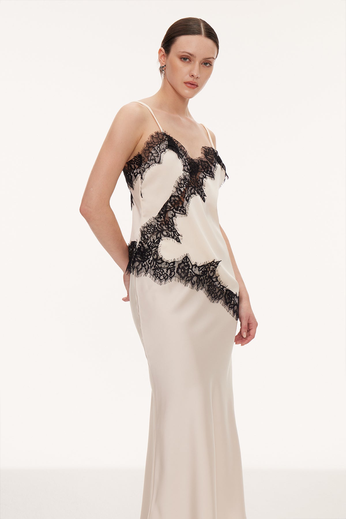 Bess Lace Asymmetric Satin Top In Beige