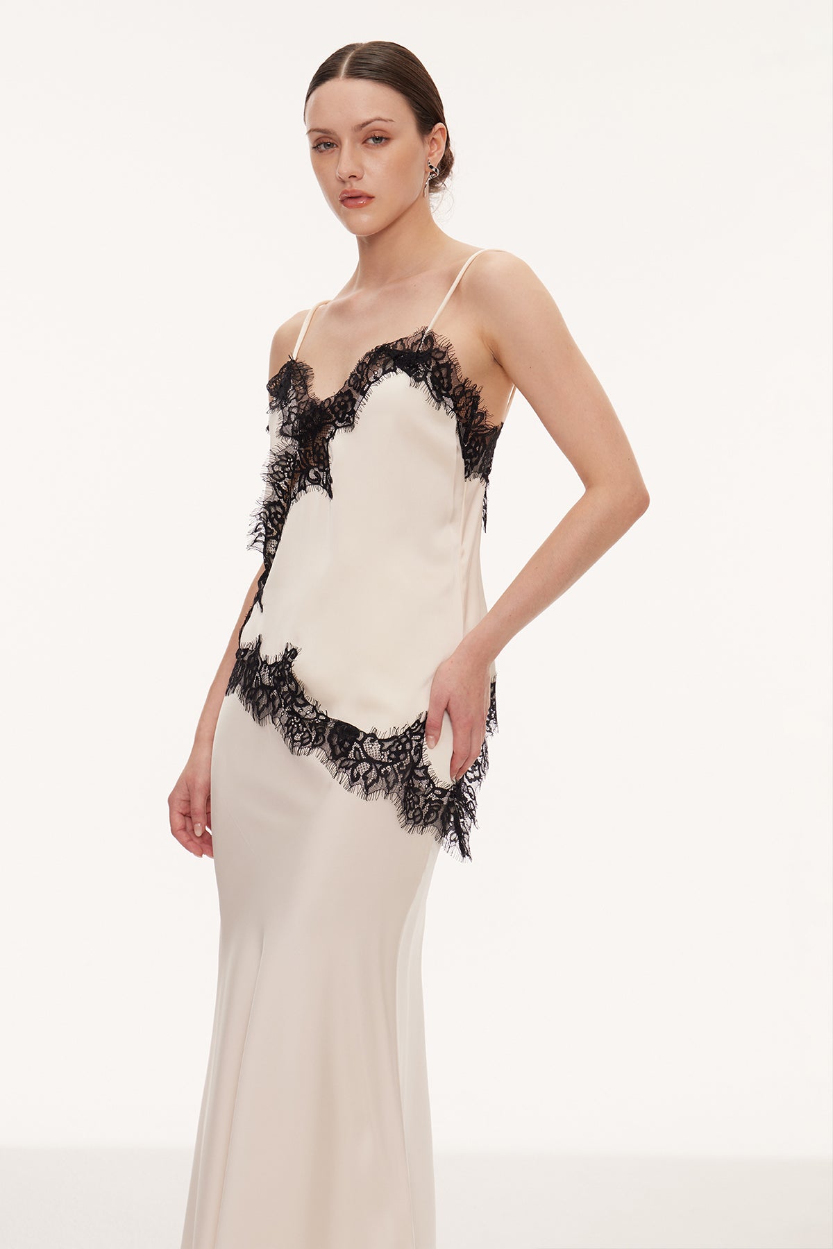 Bess Lace Asymmetric Satin Top In Beige