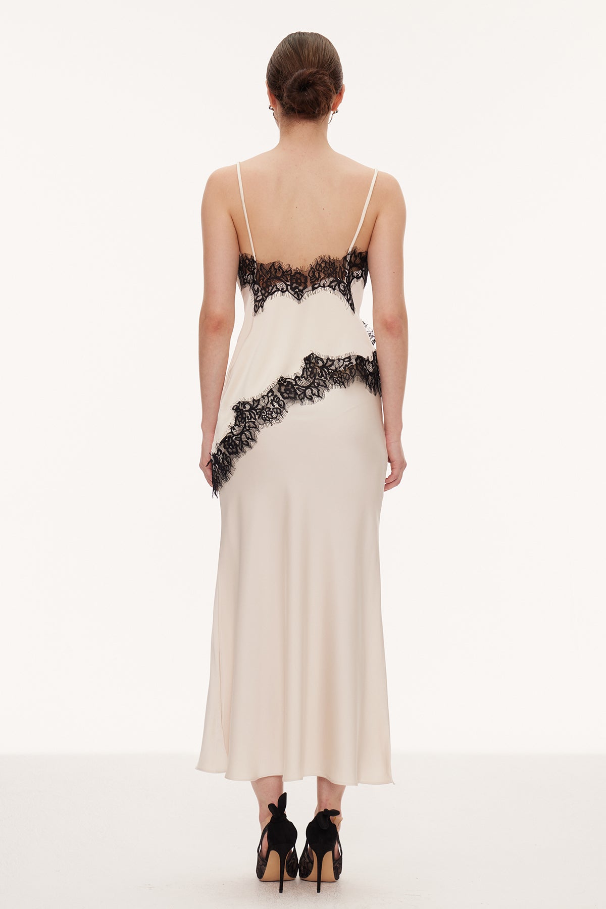 Bess Lace Asymmetric Satin Top In Beige