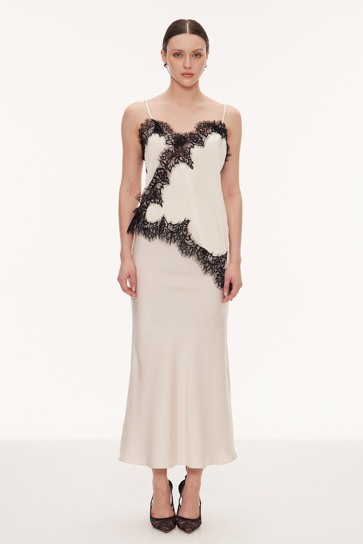 Bess Lace Asymmetric Satin Top In Beige