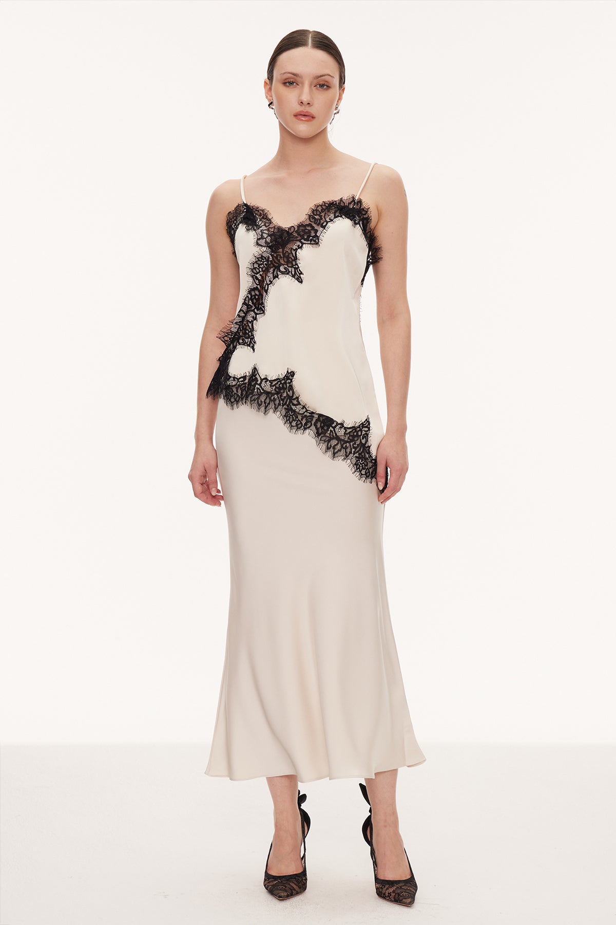 Bess Lace Asymmetric Satin Top In Beige