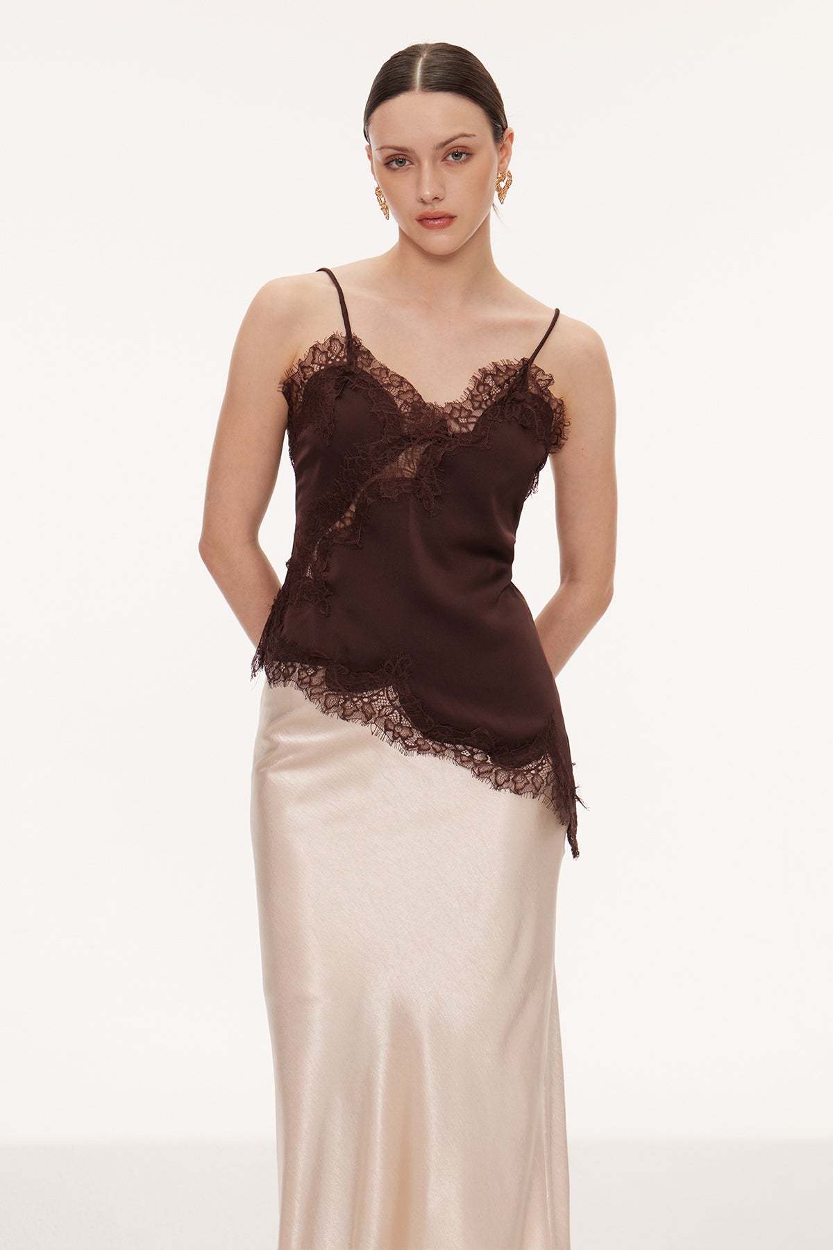 Bess Lace Asymmetric Satin Top In Brown