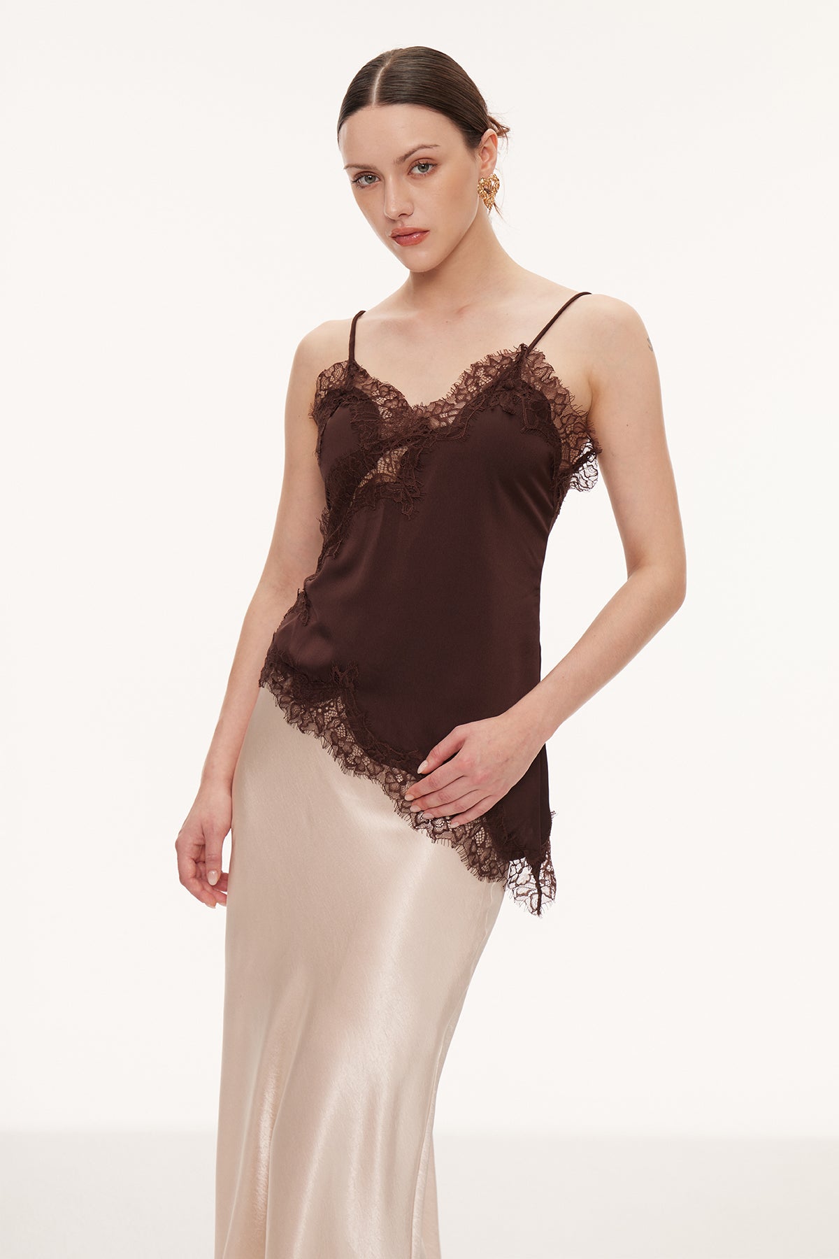 Bess Lace Asymmetric Satin Top In Brown