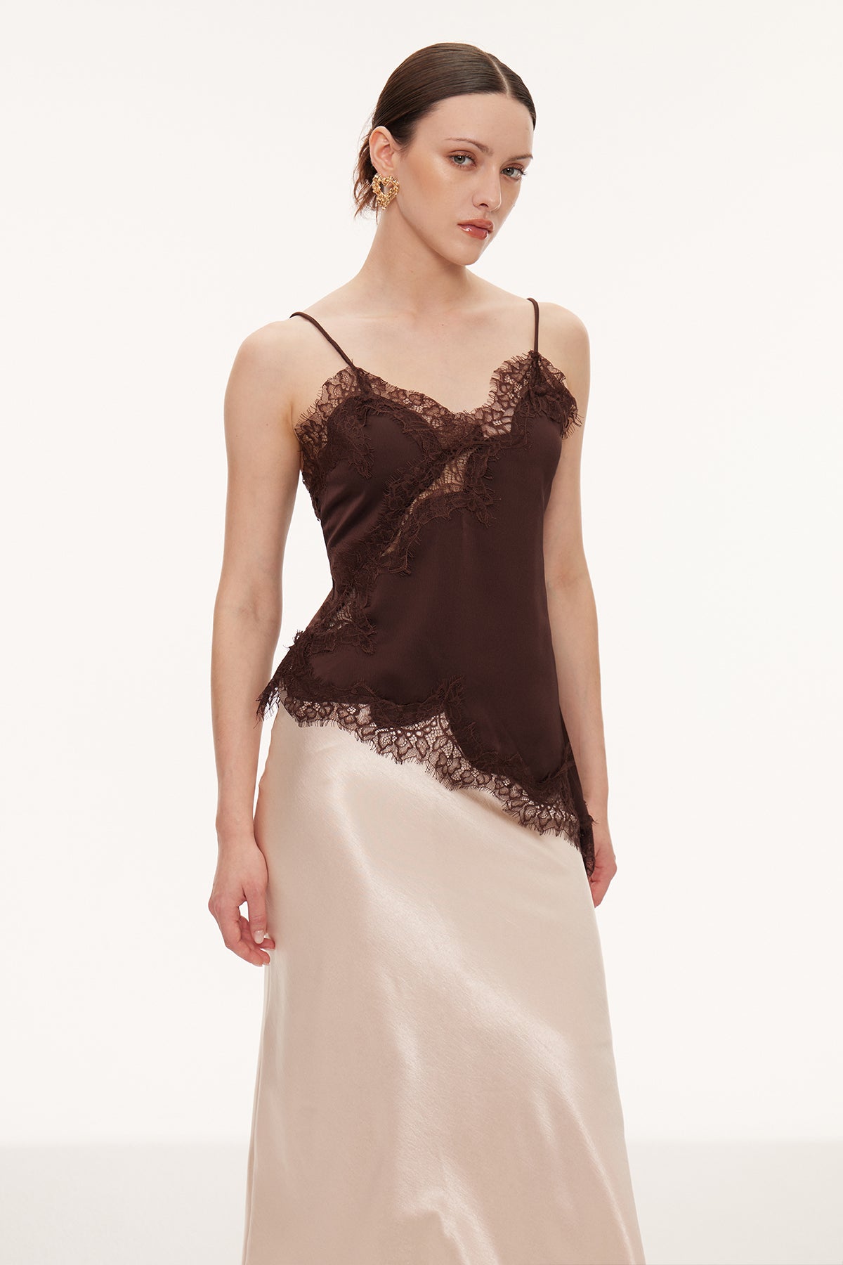 Bess Lace Asymmetric Satin Top In Brown