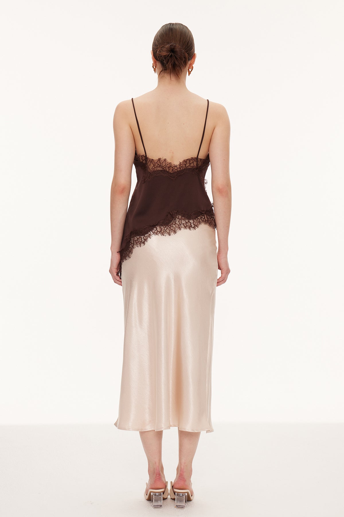 Bess Lace Asymmetric Satin Top In Brown