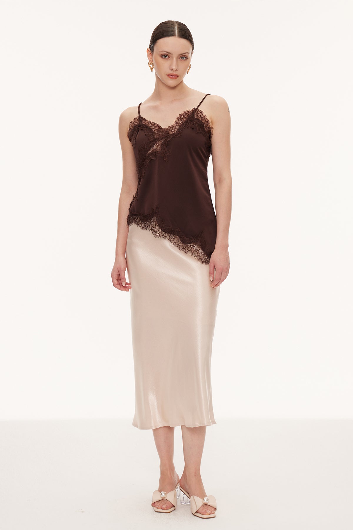 Bess Lace Asymmetric Satin Top In Brown