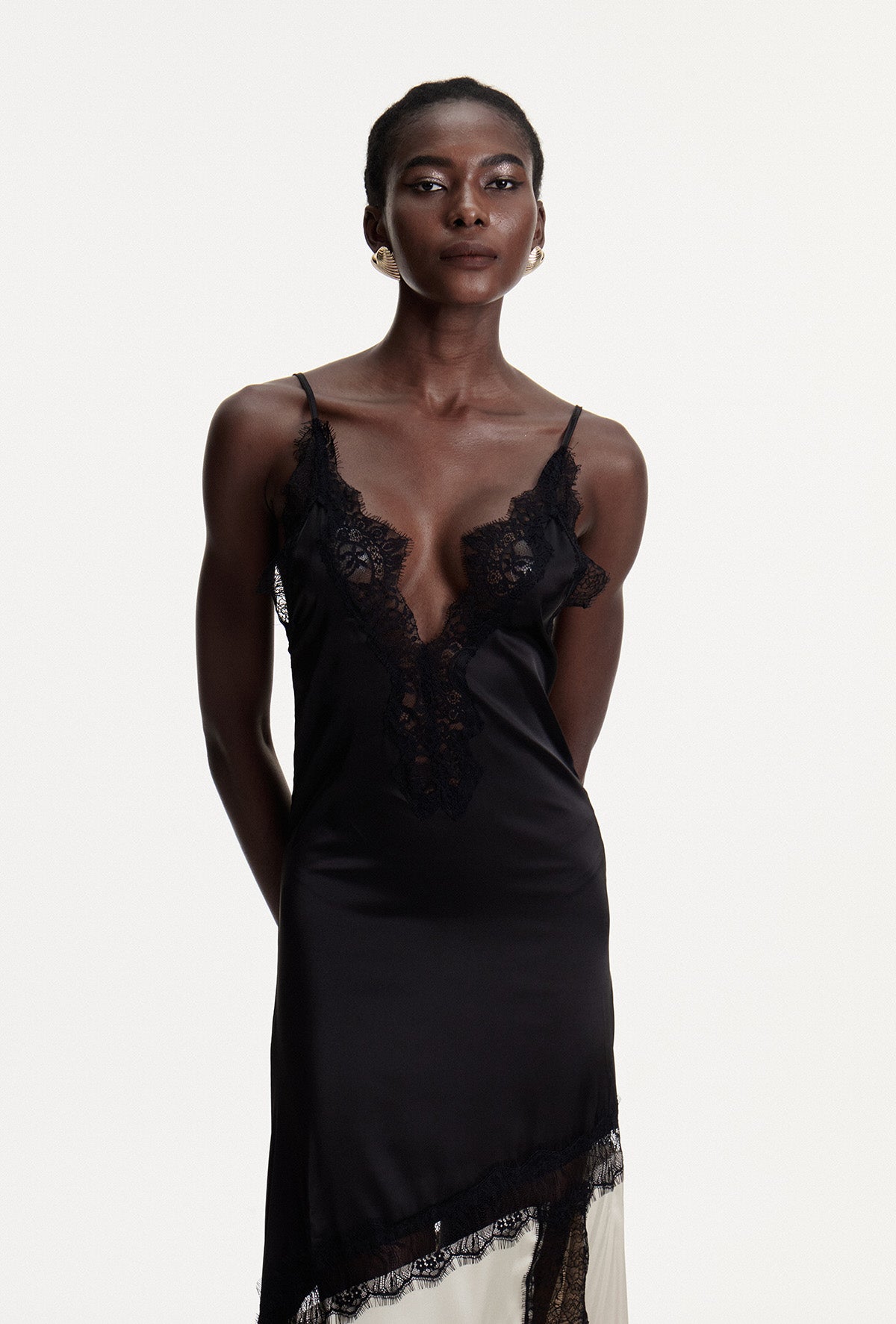 Bess Lace Plunge Satin Maxi Dress