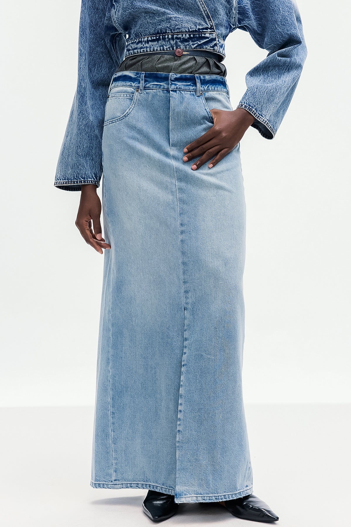 Beth Deconstruct Split Denim Maxi Skirt