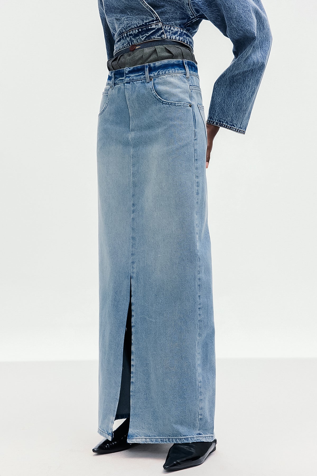 Beth Deconstruct Split Denim Maxi Skirt