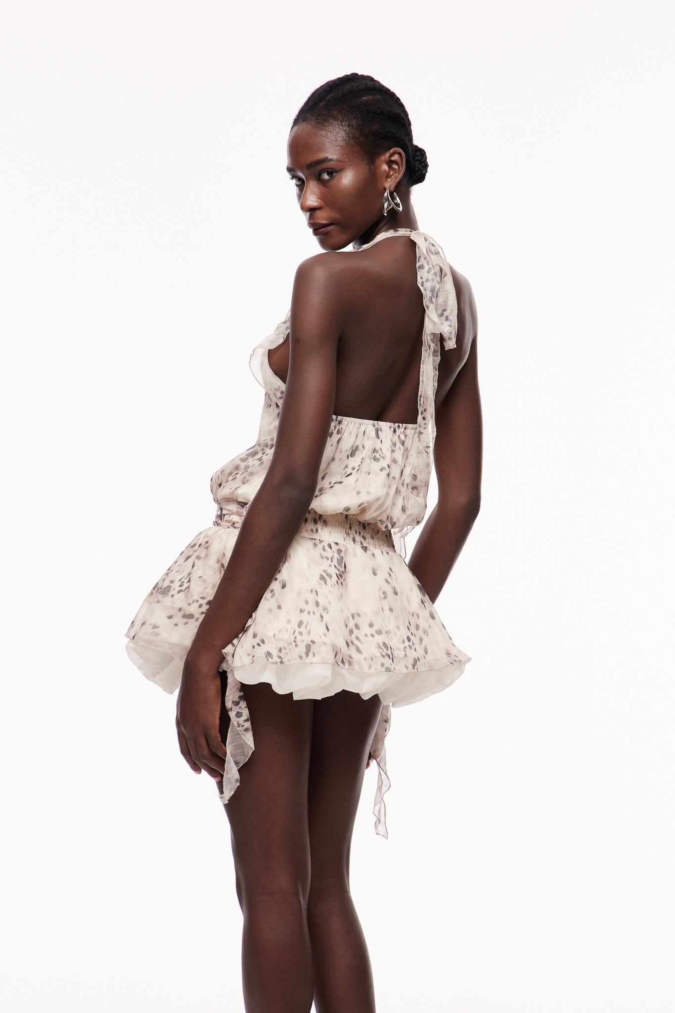 Beyza Leopard Halter Neck Ruch Mini Dress