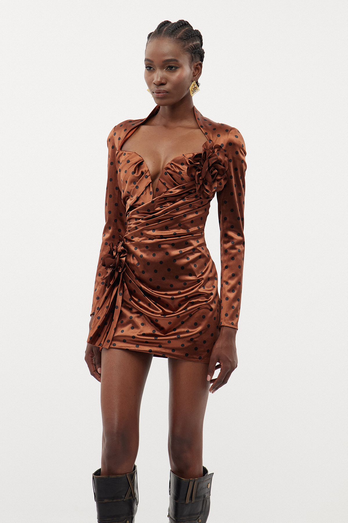 Biaggio Dot Flower Ruch Mini Dress In Brown