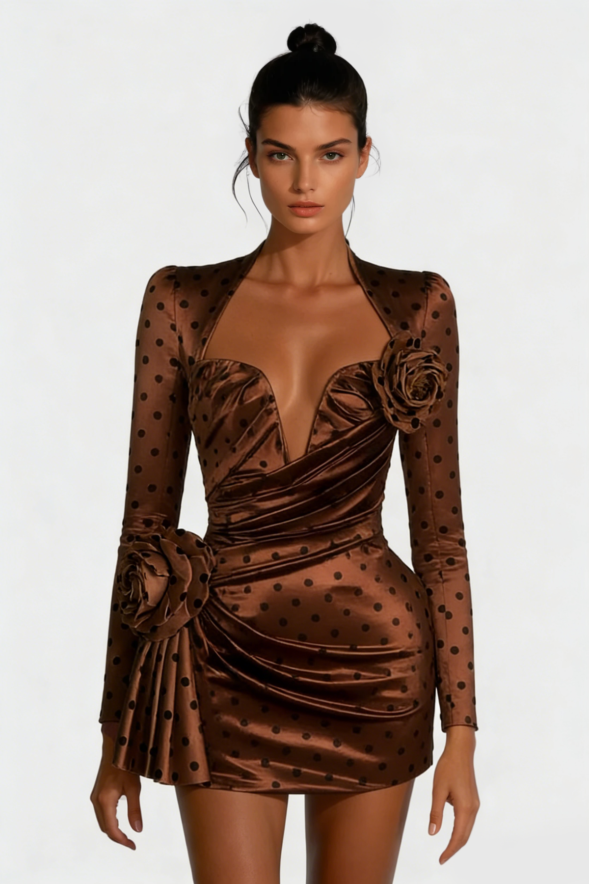 Biaggio Dot Flower Ruch Mini Dress In Brown