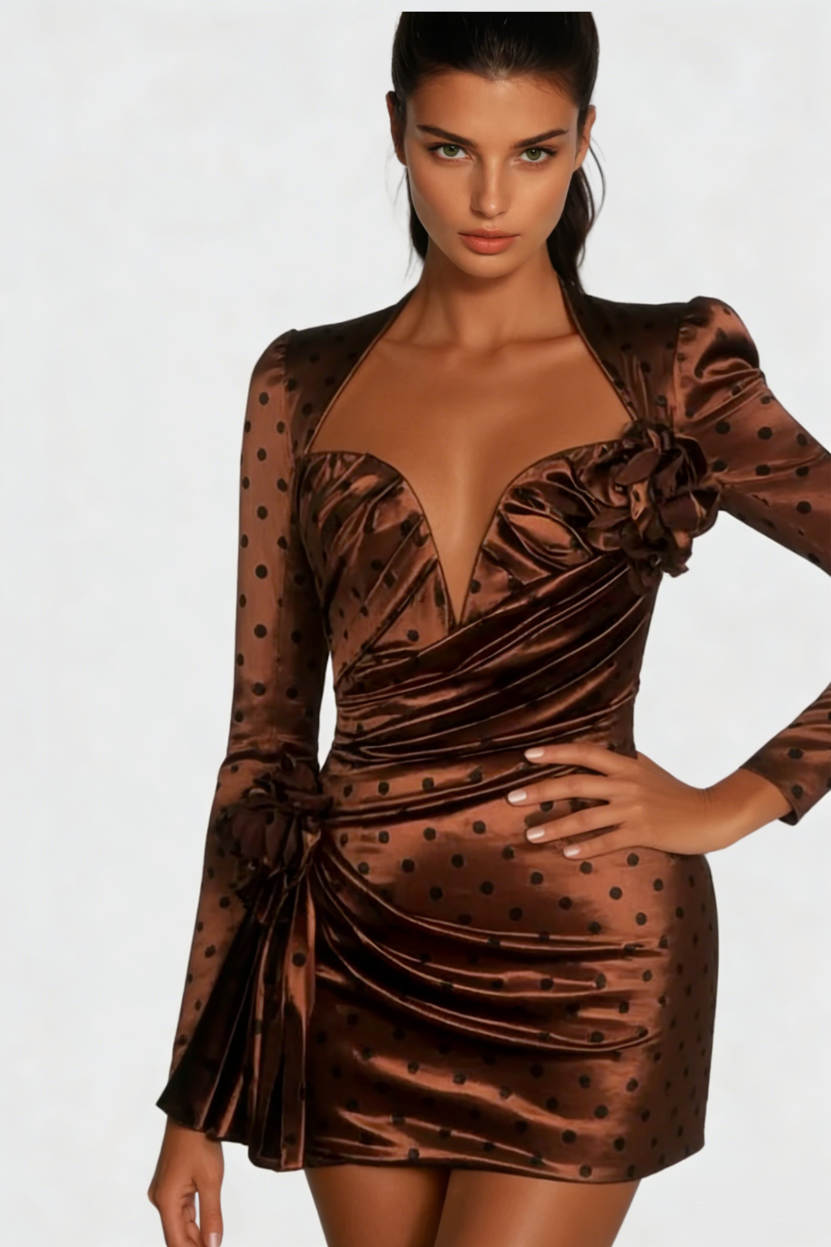 Biaggio Dot Flower Ruch Mini Dress In Brown