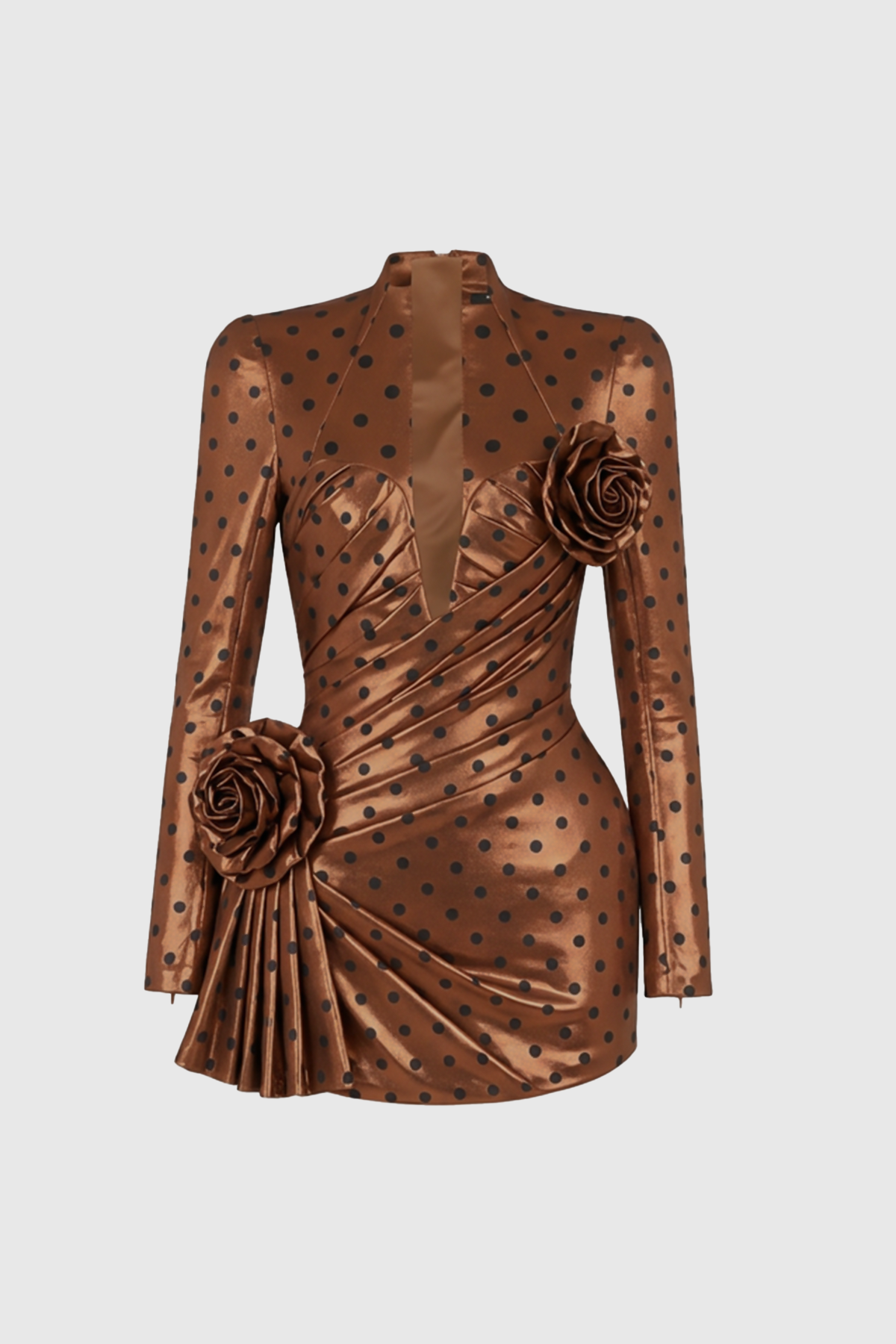 Biaggio Dot Flower Ruch Mini Dress In Brown