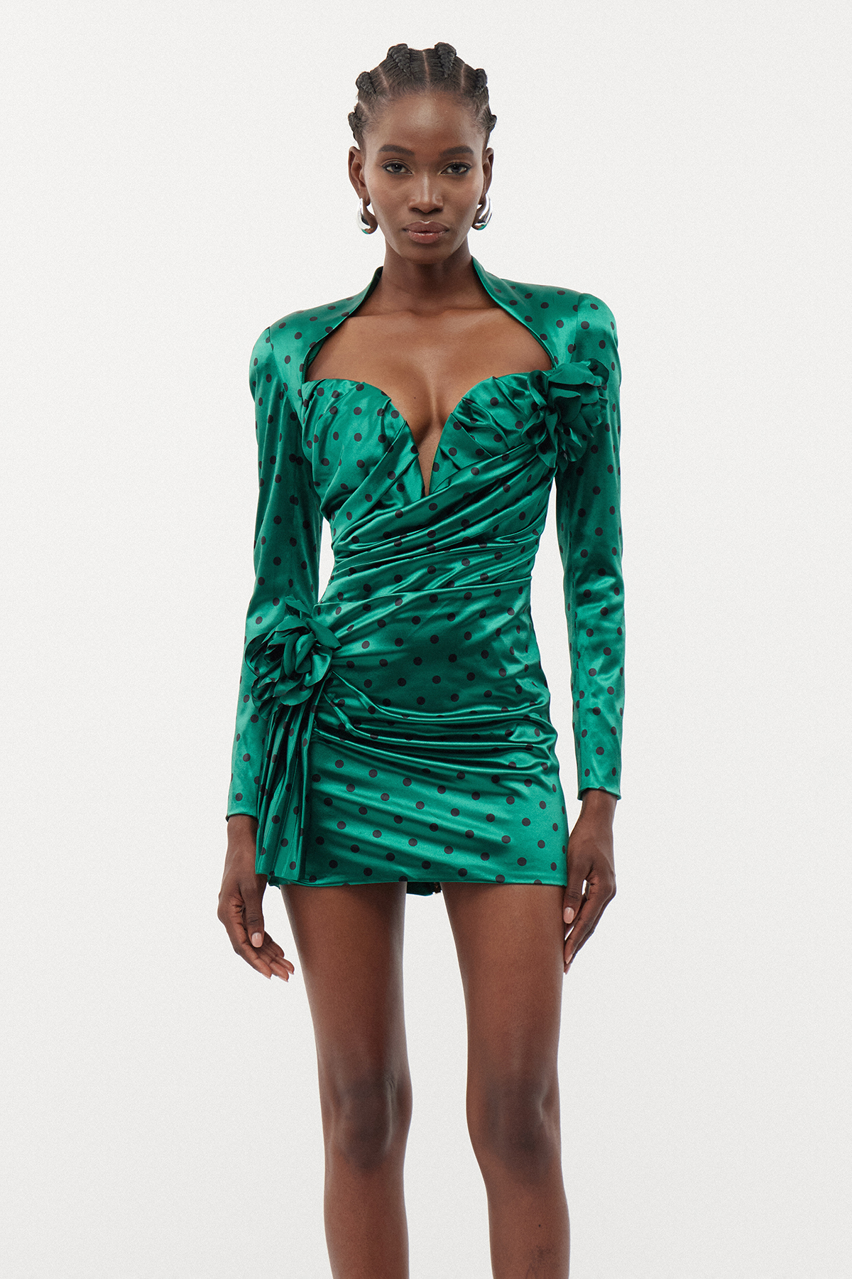 Biaggio Dot Flower Ruch Mini Dress In Green