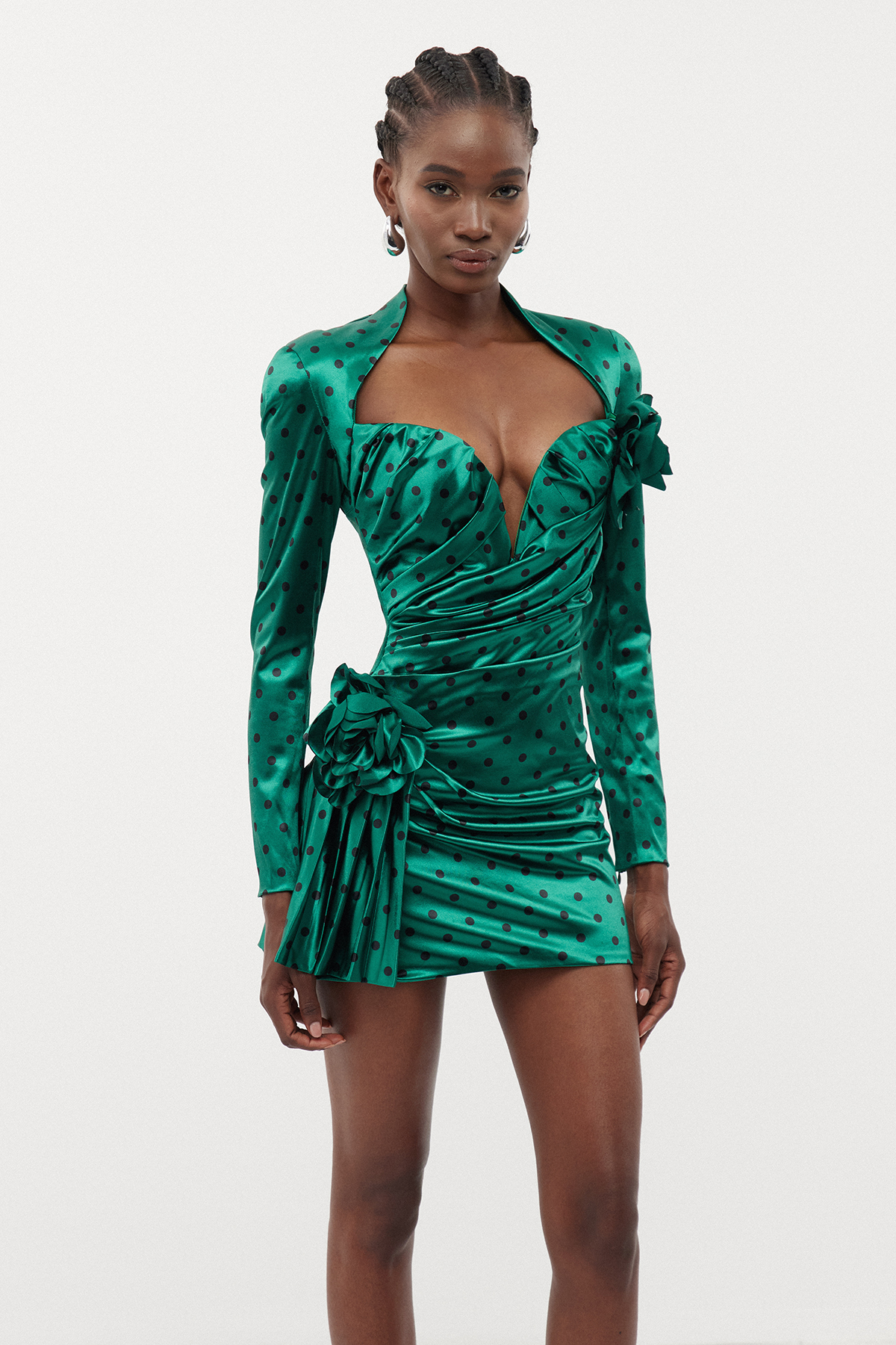 Biaggio Dot Flower Ruch Mini Dress In Green