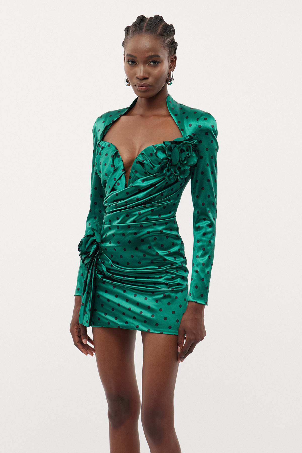 Biaggio Dot Flower Ruch Mini Dress In Green