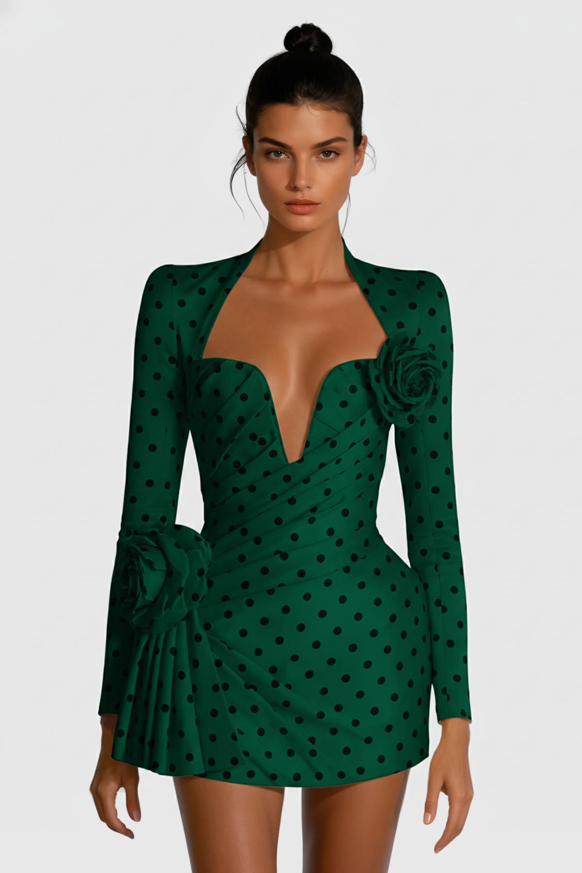 Biaggio Dot Flower Ruch Mini Dress In Green