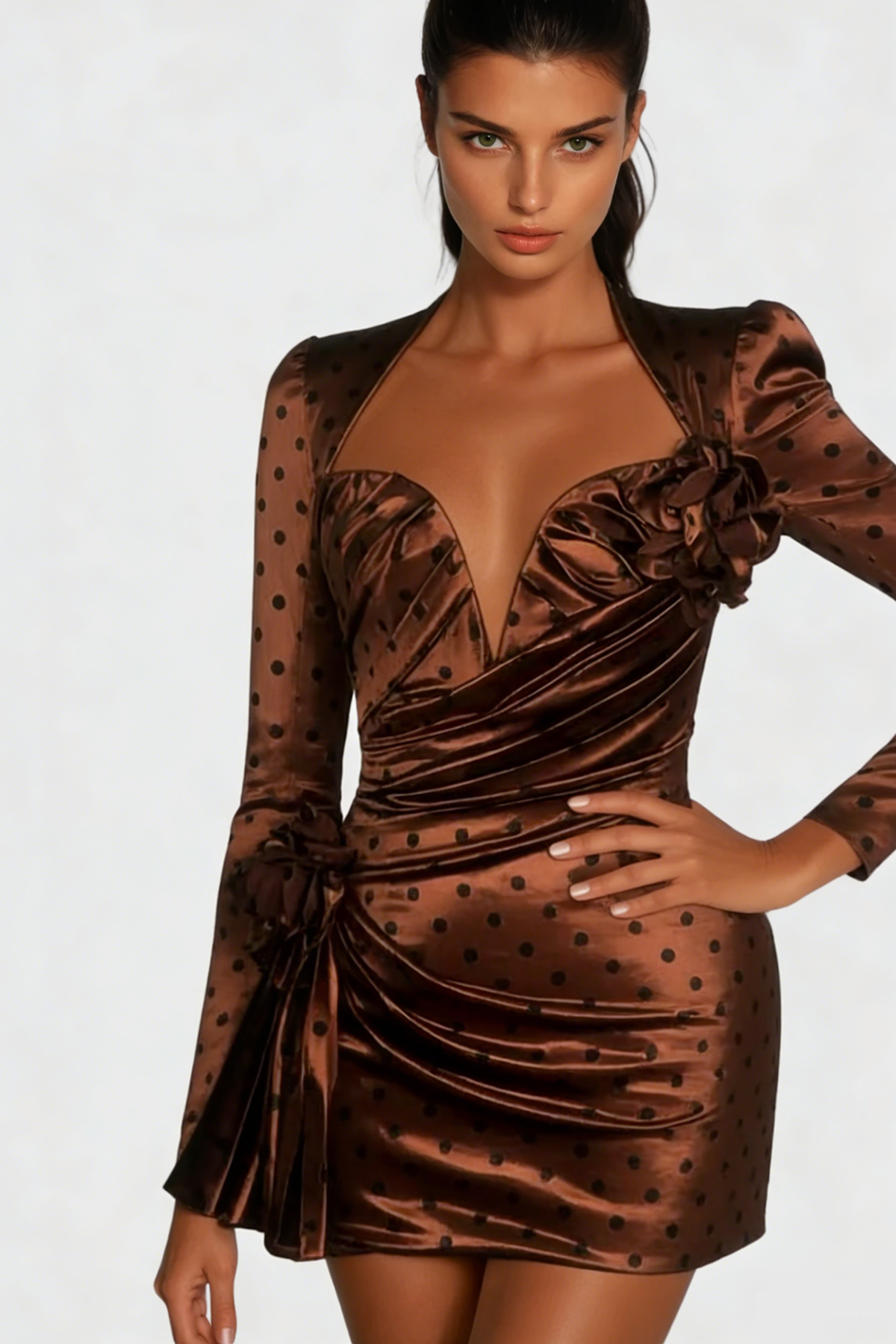 Biaggio Dot Flower Ruch Mini Dress In Brown