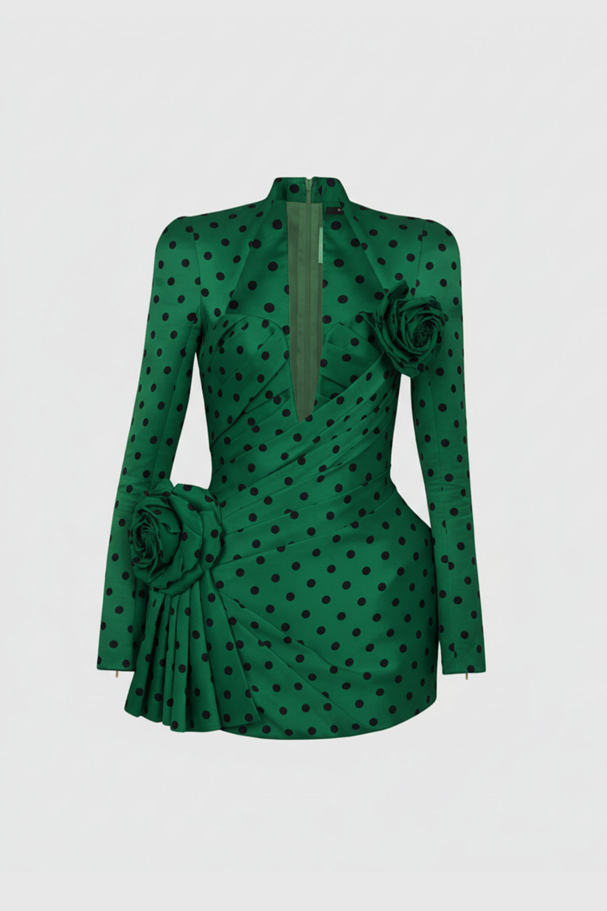 Biaggio Dot Flower Ruch Mini Dress In Green