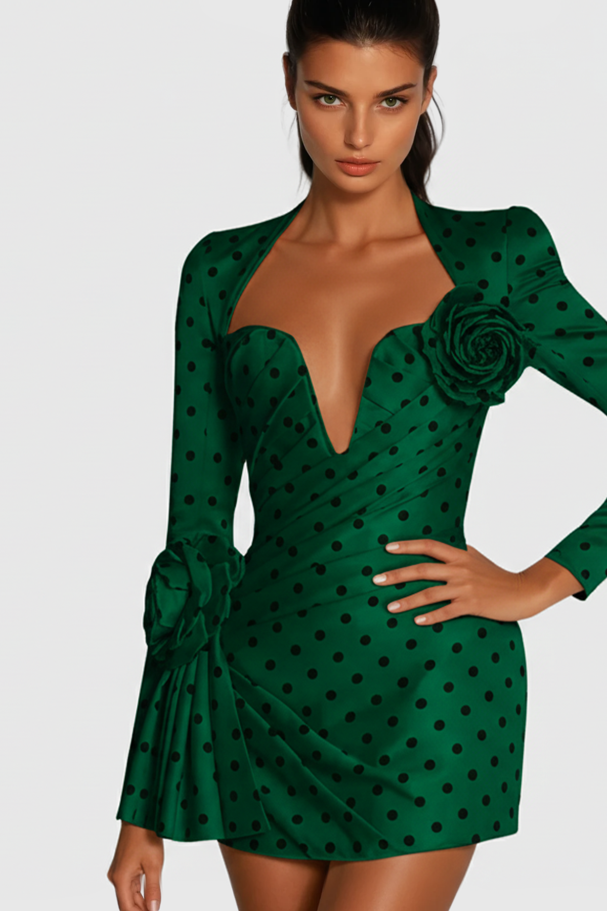 Biaggio Dot Flower Ruch Mini Dress In Green