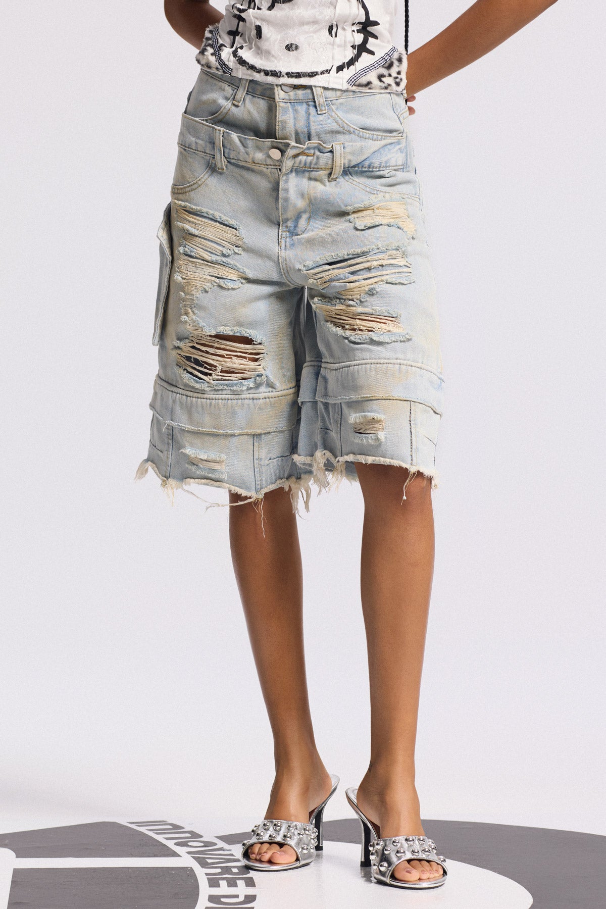 Bijay Deconstruct Ripped Bleached Midi Jeans