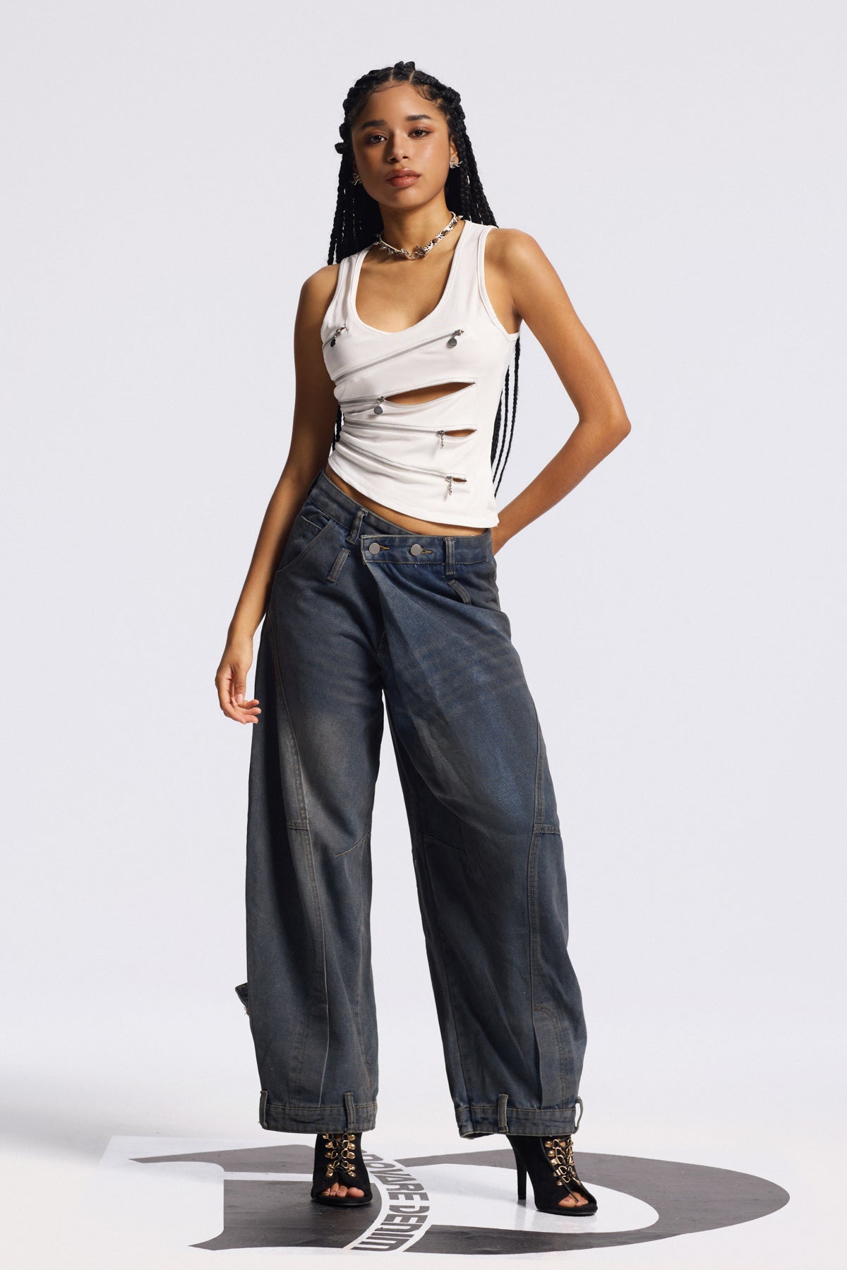 Bilal Print Asymmetric Baggy Jeans