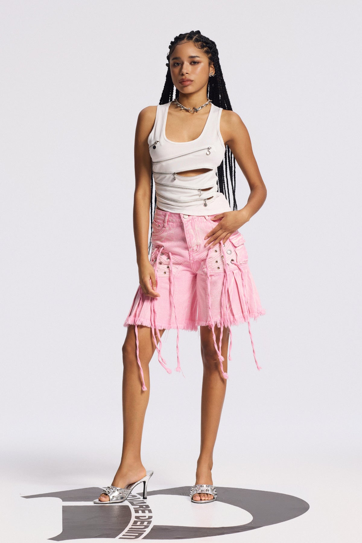 Bile Fringe Ruffle Midi Jeans In Pink