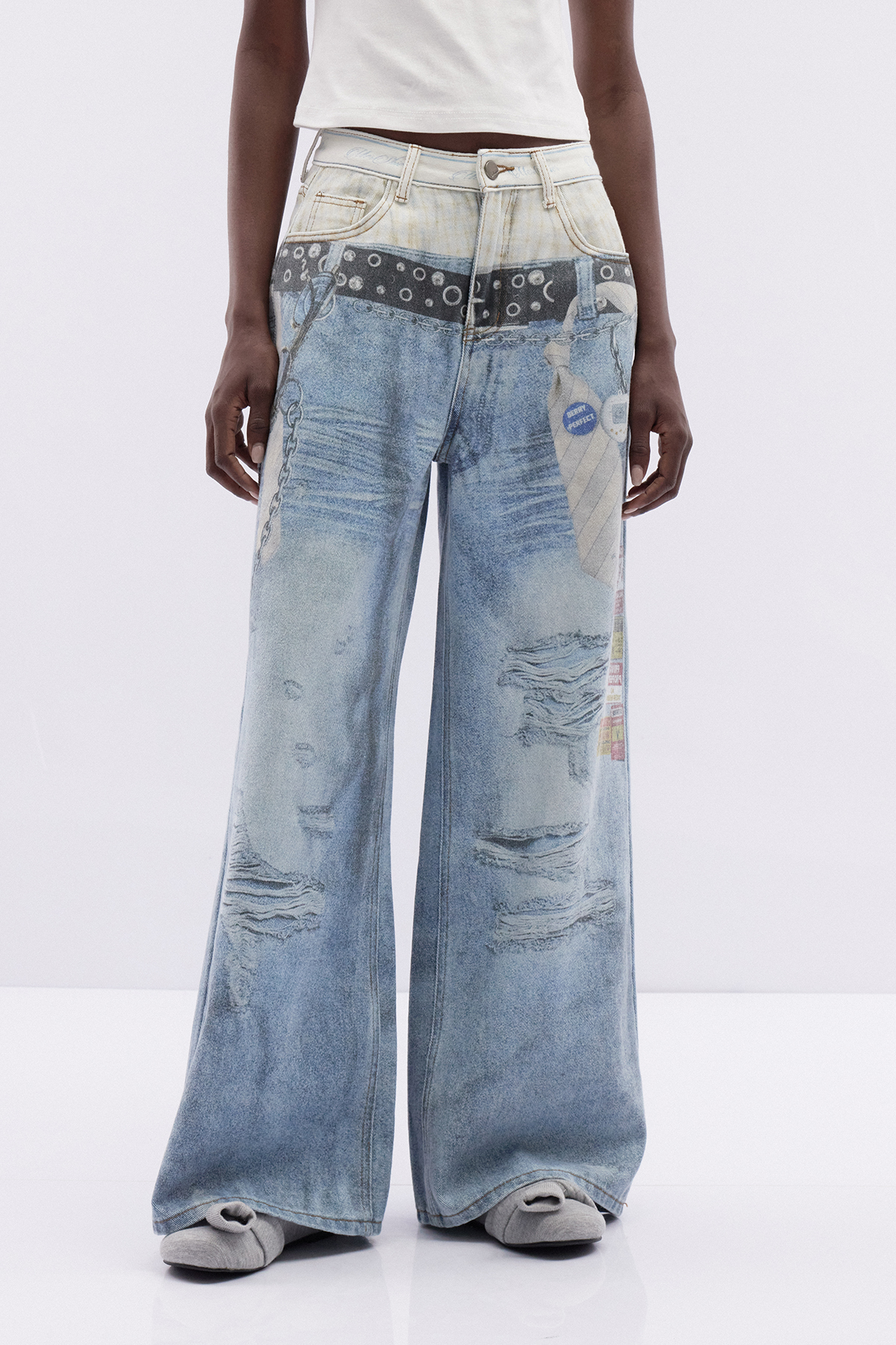 Birdie Print Deconstruct Barrel Jeans