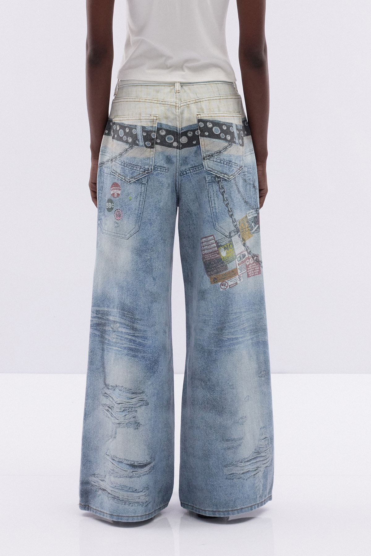 Birdie Print Deconstruct Barrel Jeans
