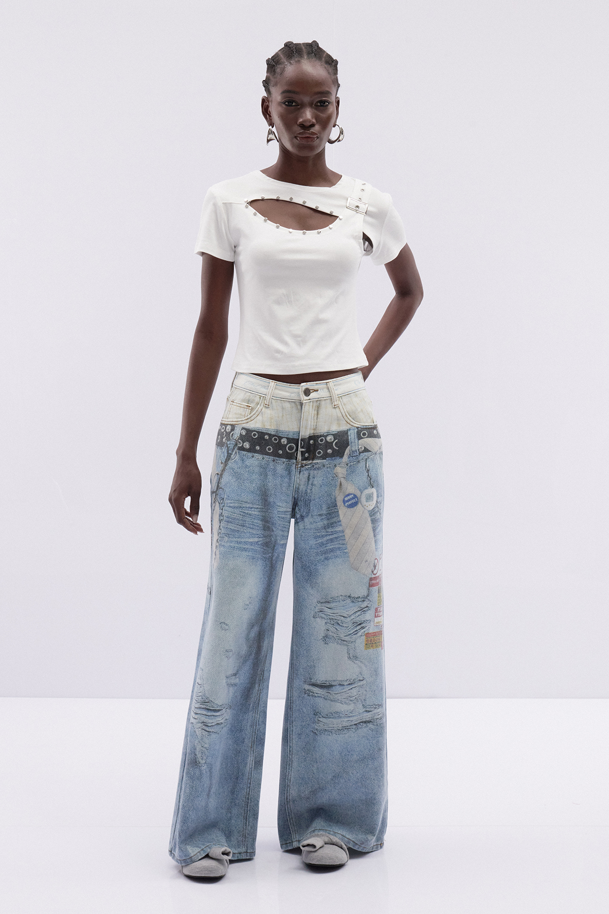 Birdie Print Deconstruct Barrel Jeans