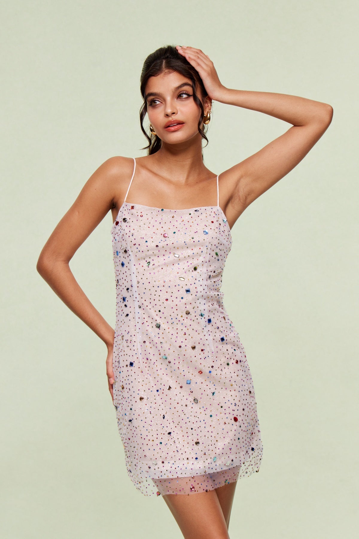 Blandinus Crystal Mesh Spaghetti Mini Dress