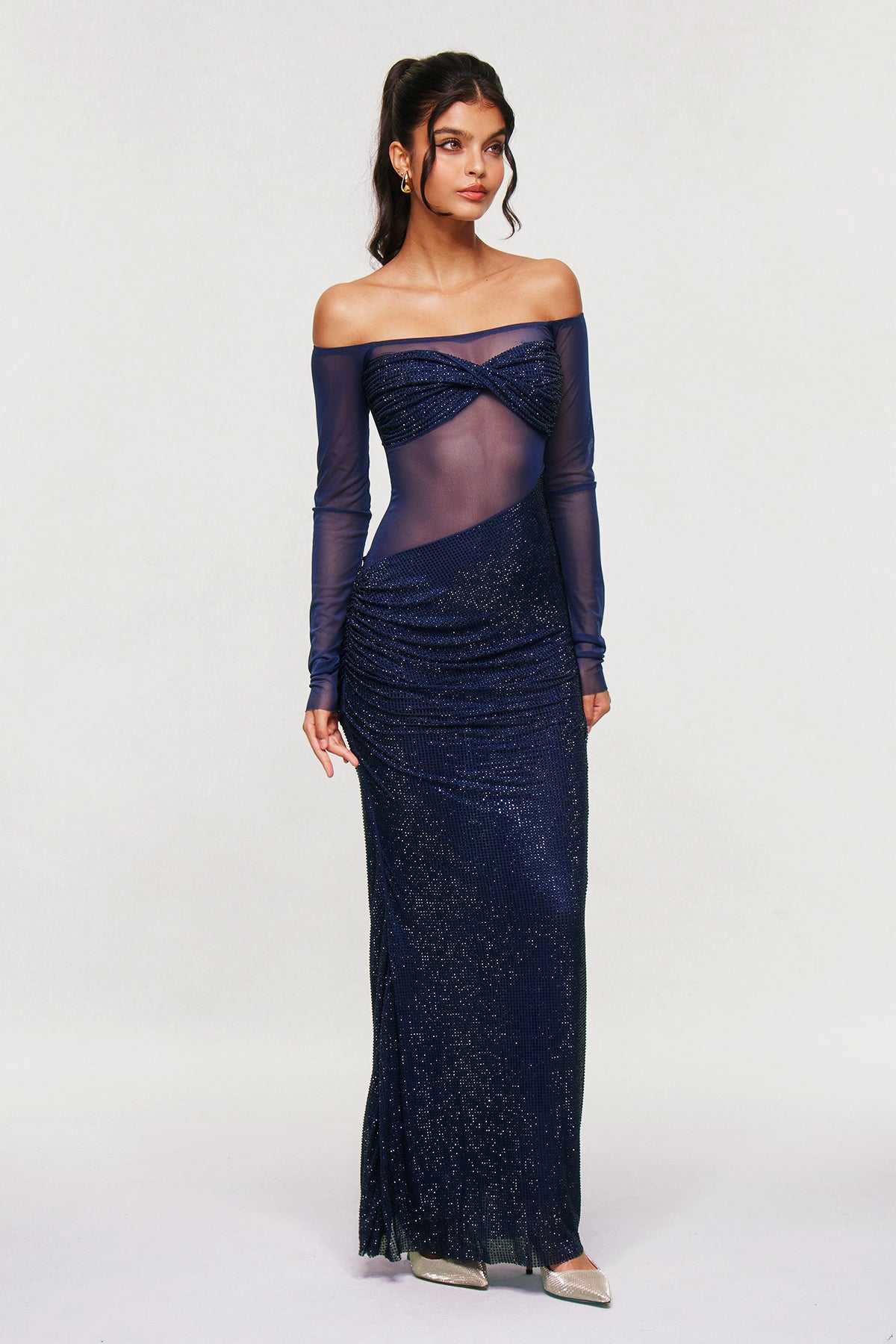 Bleddyn Rhinestone Off Shoulder Maxi Dress
