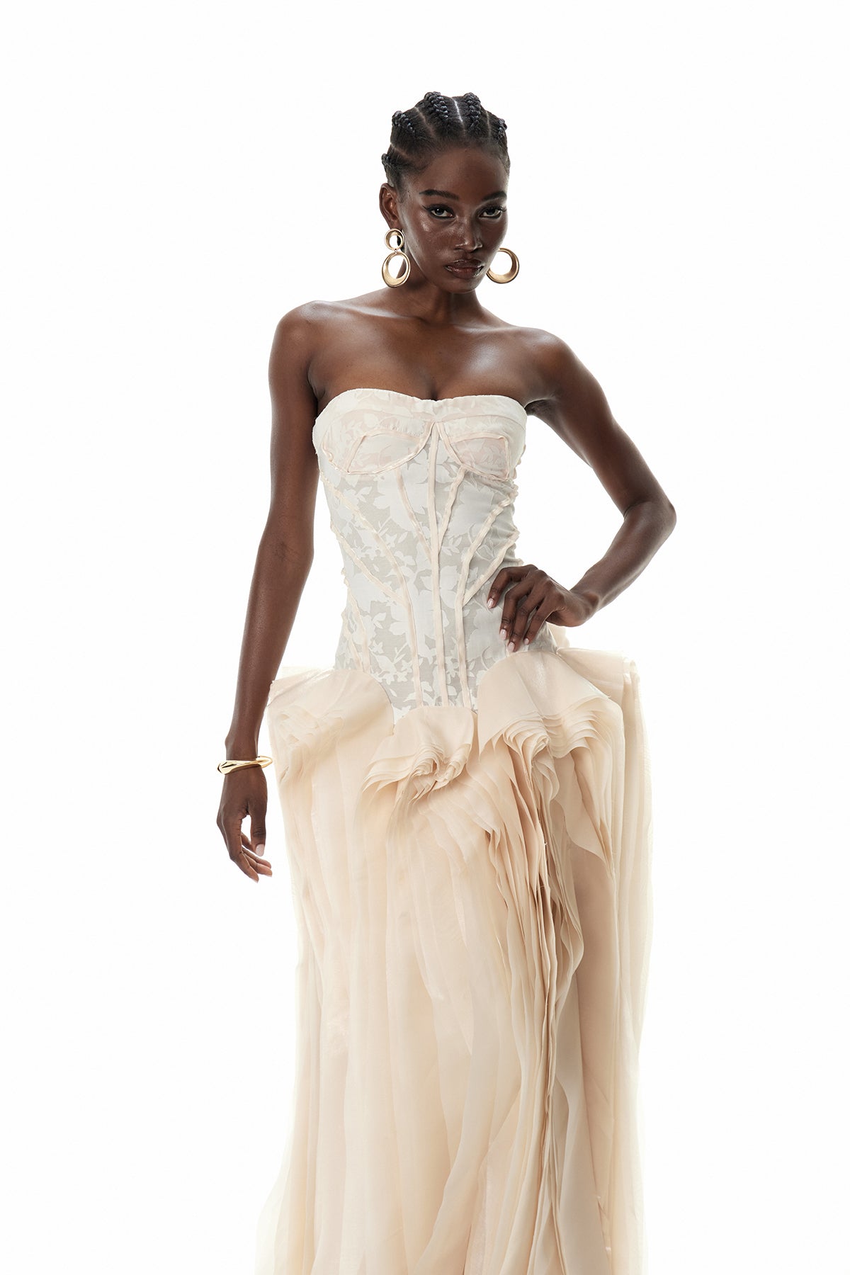 Blerta Strapless Corset Mesh Maxi Dress