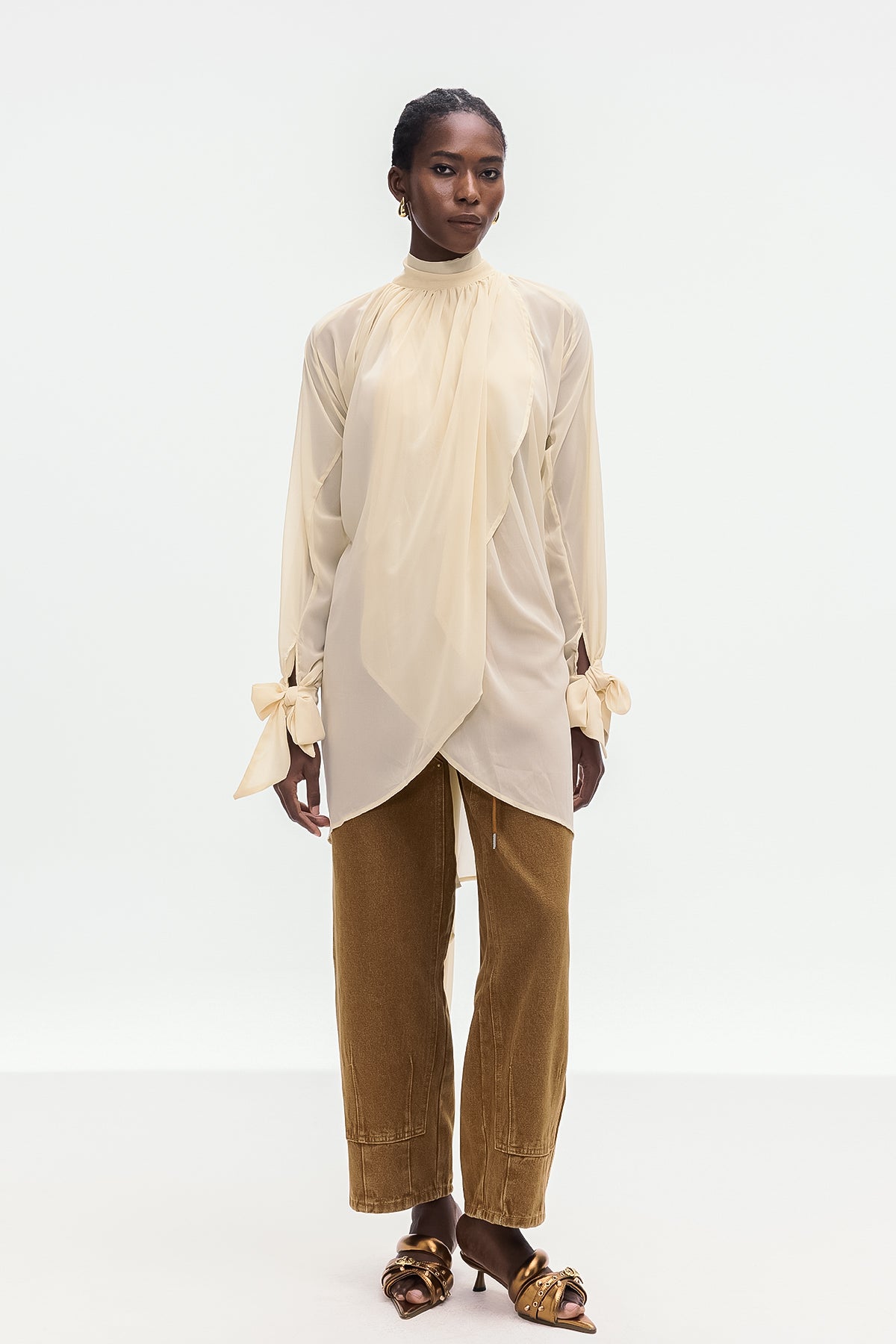 Bolormaa Lace Up Asymmetric Shirt In Apricot