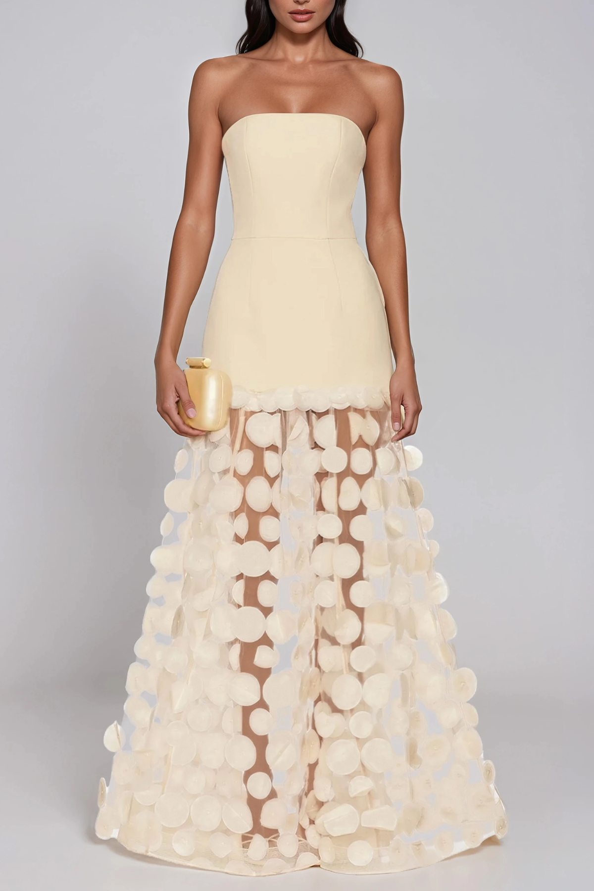 Boryana Strapless Dot Mesh Maxi Dress In Beige