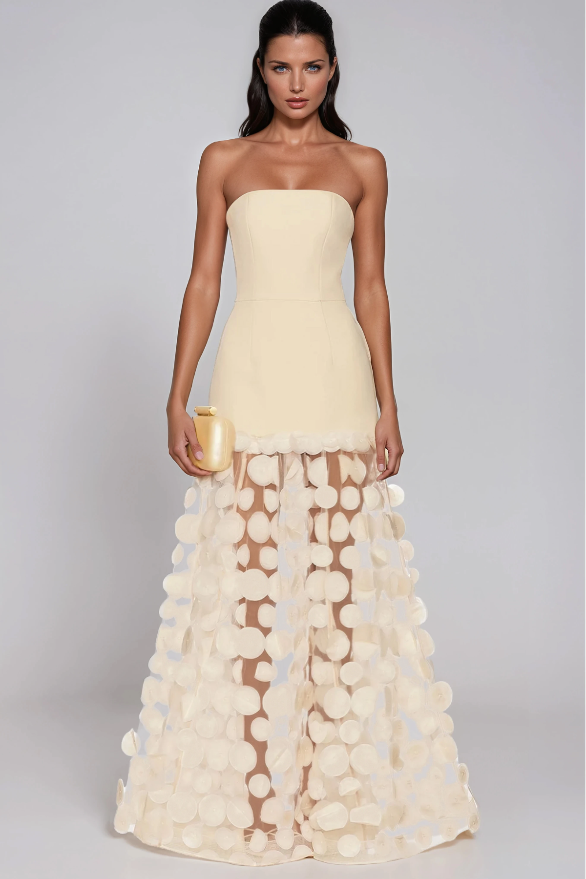 Boryana Strapless Dot Mesh Maxi Dress In Beige