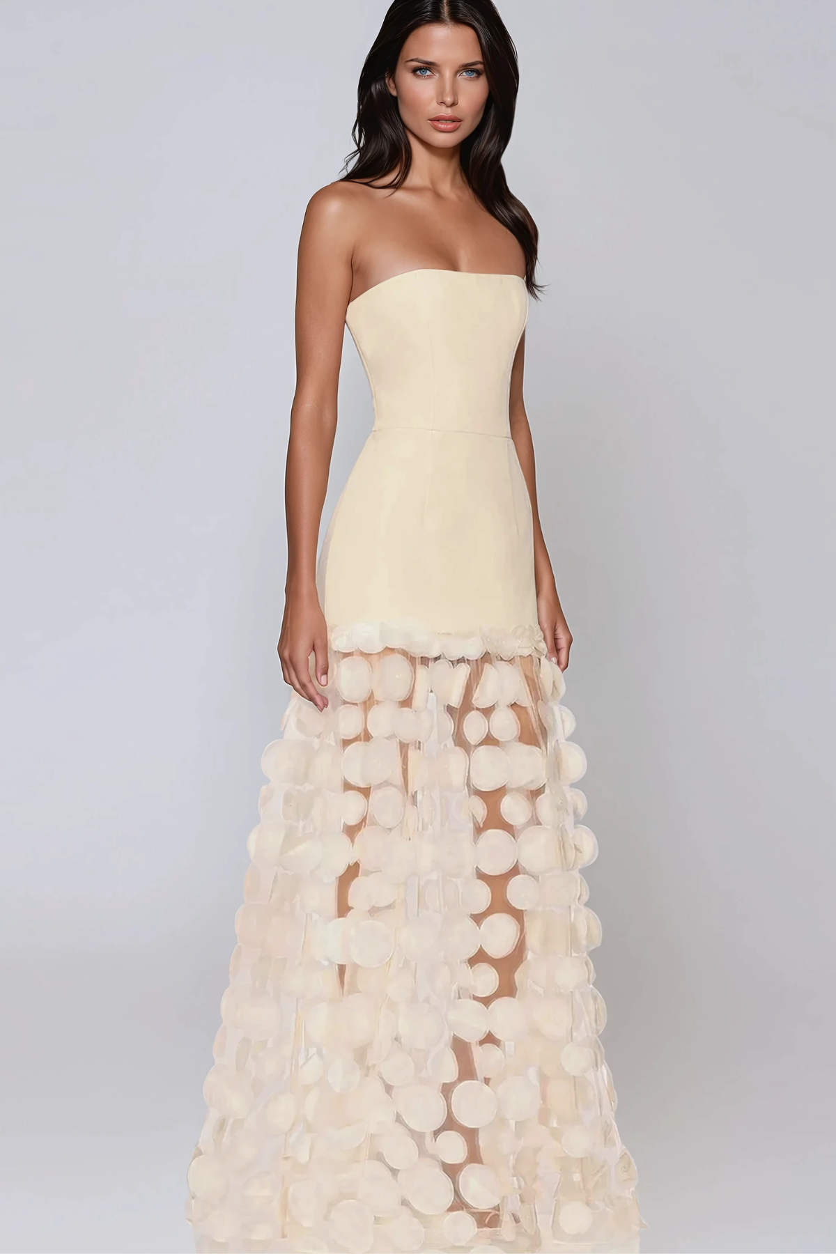 Boryana Strapless Dot Mesh Maxi Dress In Beige
