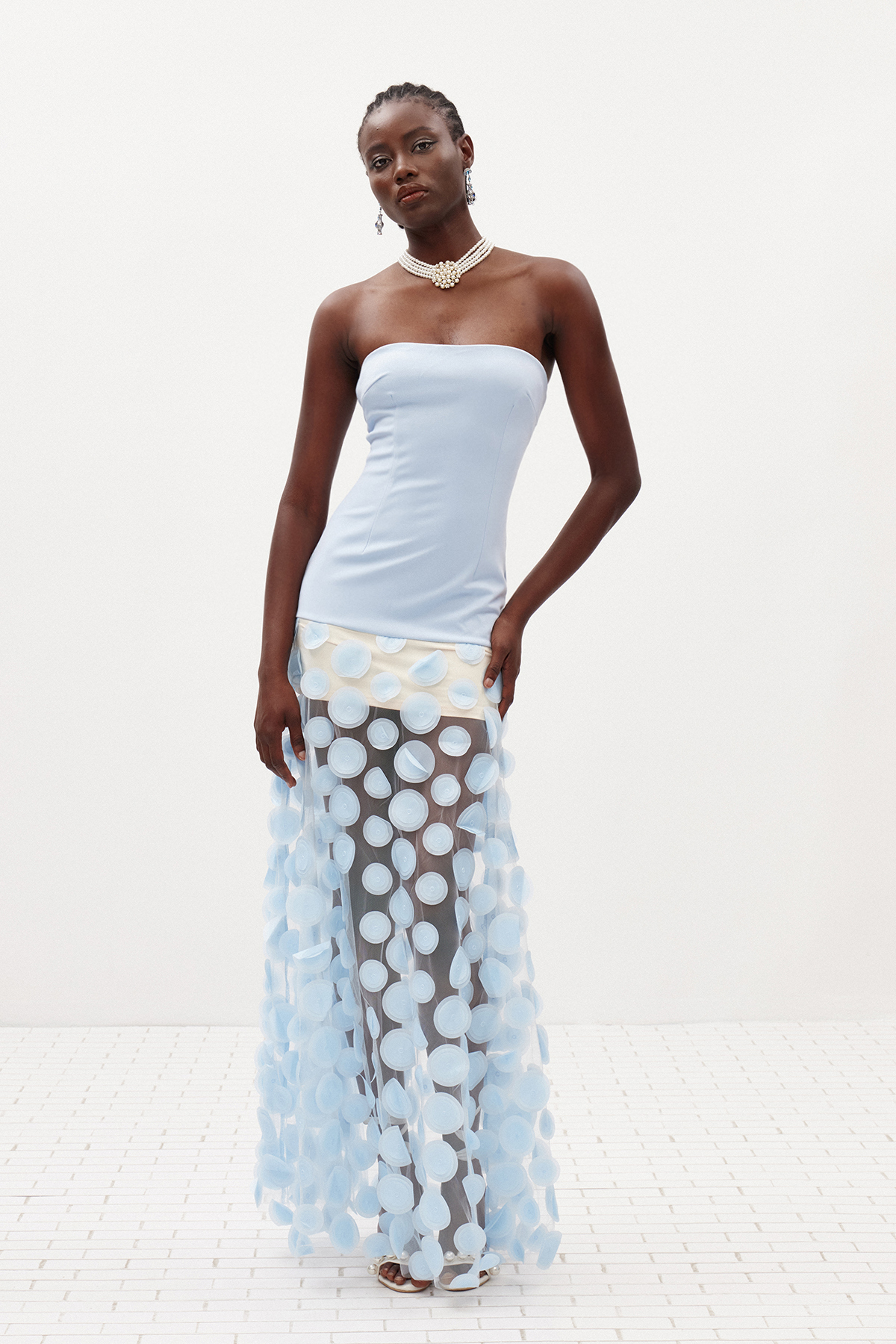 Boryana Strapless Dot Mesh Maxi Dress In Blue