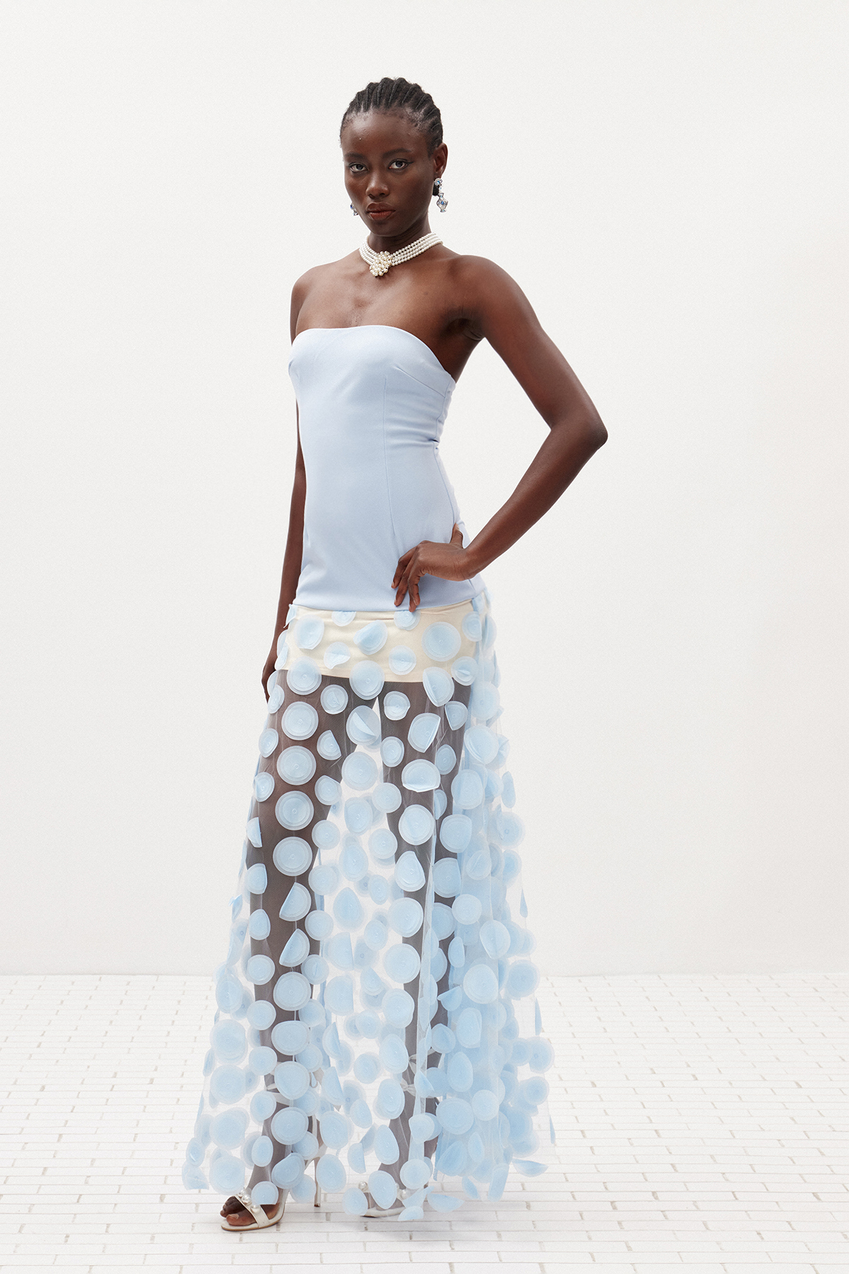 Boryana Strapless Dot Mesh Maxi Dress In Blue