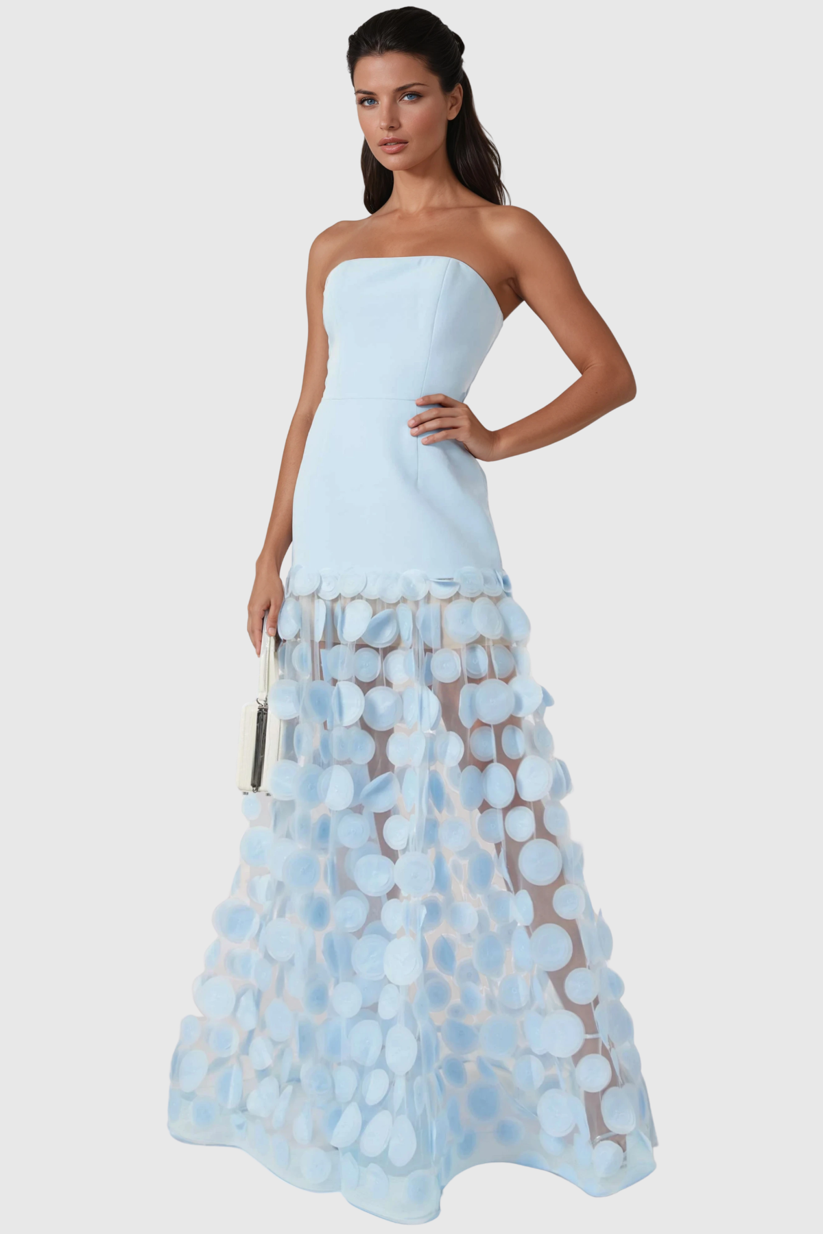 Boryana Strapless Dot Mesh Maxi Dress In Blue