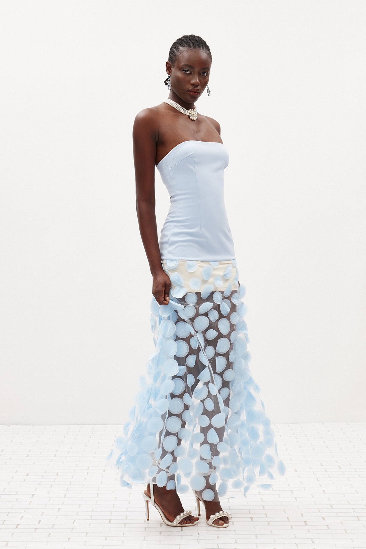 Boryana Strapless Dot Mesh Maxi Dress In Blue