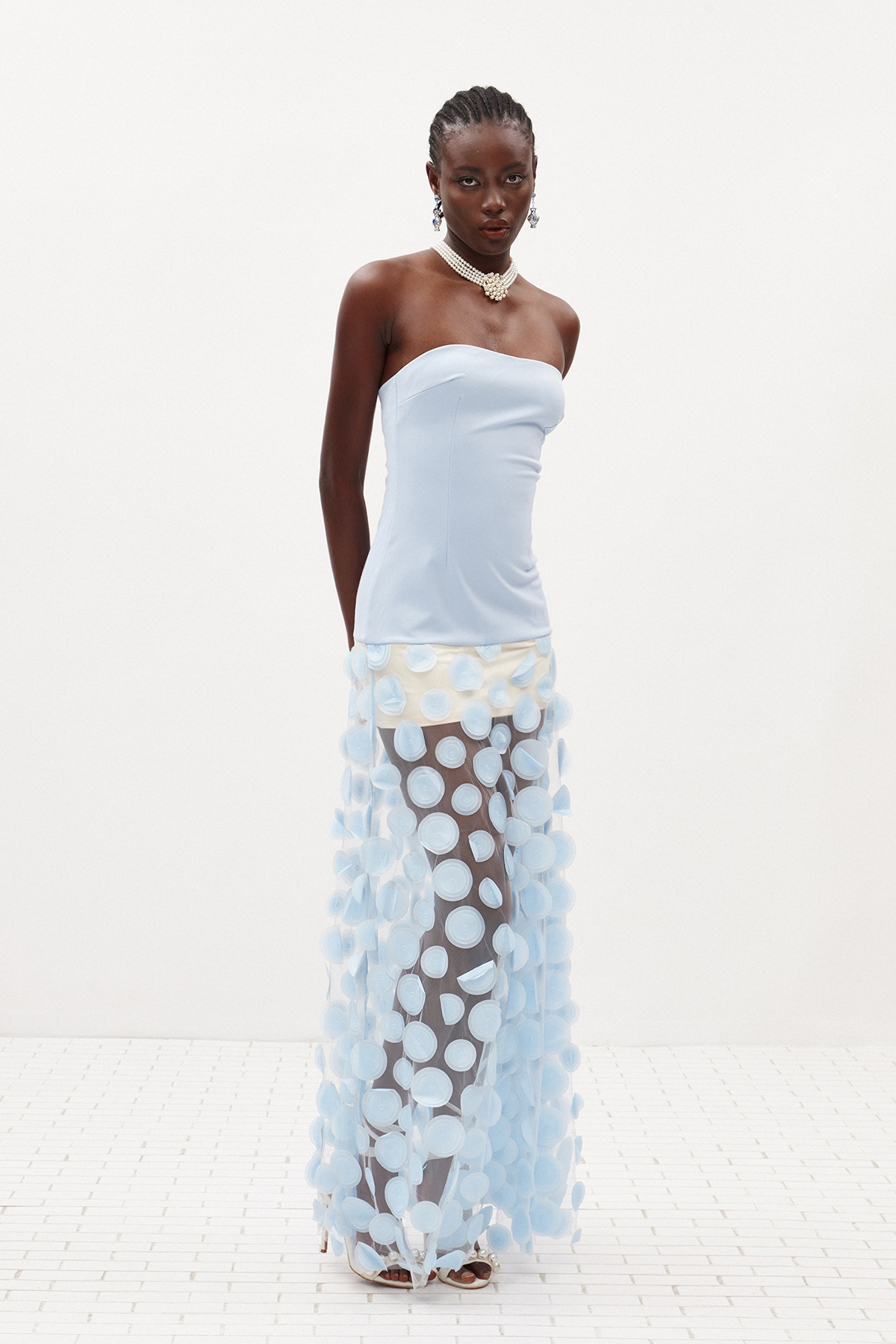 Boryana Strapless Dot Mesh Maxi Dress In Blue