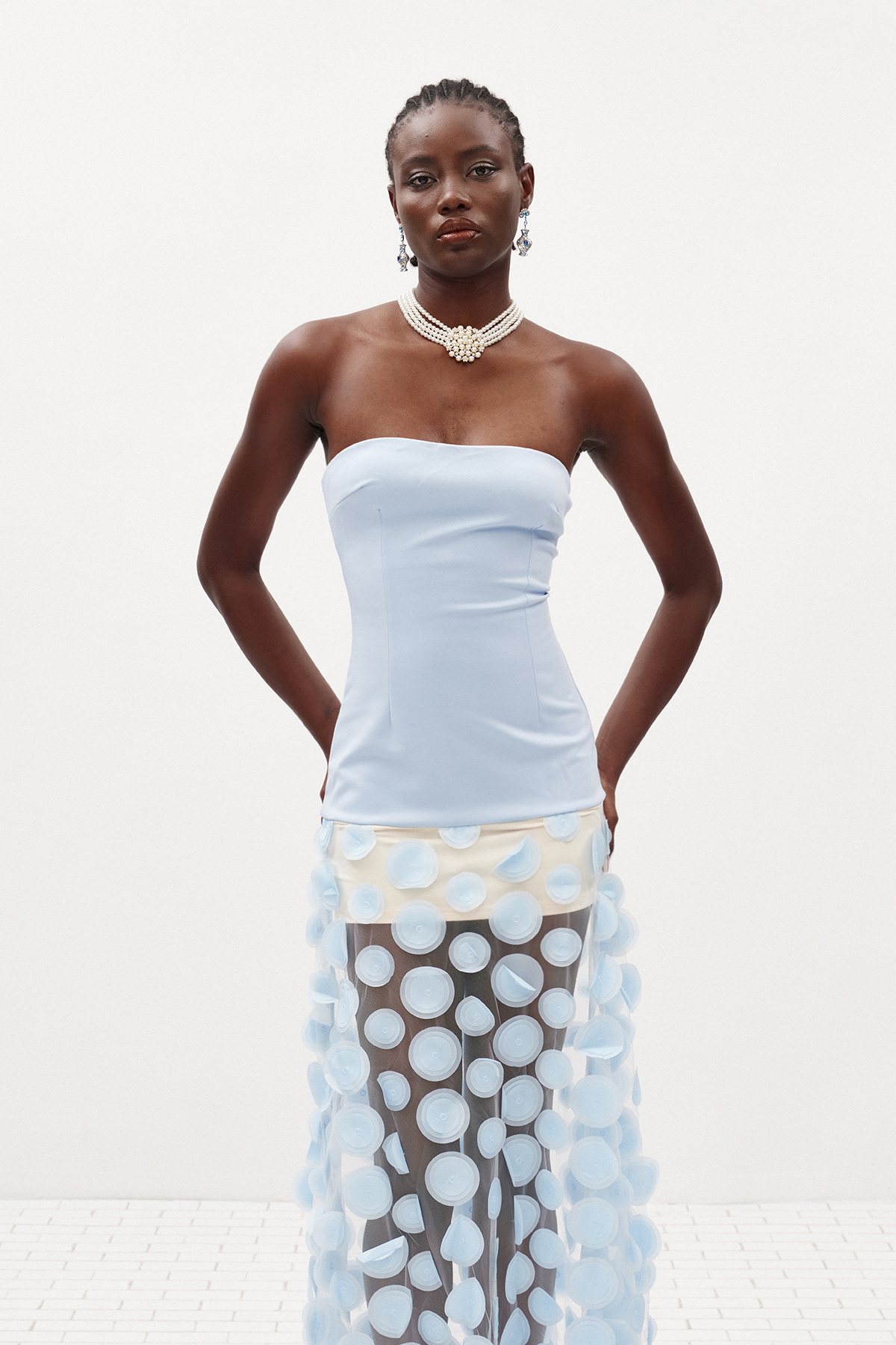 Boryana Strapless Dot Mesh Maxi Dress In Blue